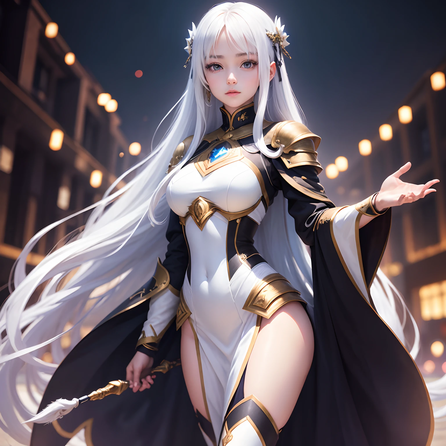 young beautiful lady, kosmos,very_long_hair, 1girl in, kosmos, Solo, white_armor,Best Quality, 超A high resolution,tokyo fashion,The upper part of the body