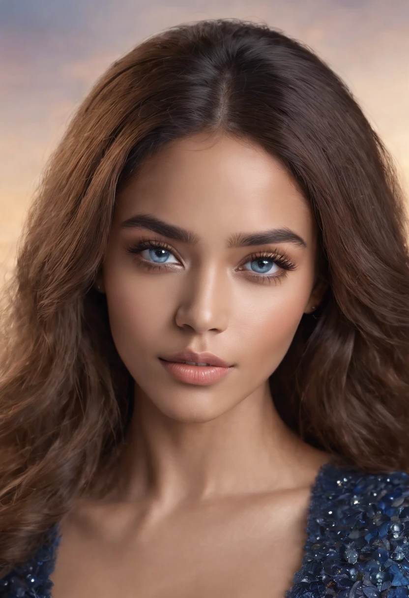 dark brown skin, beatiful face, detailed blue eyes, Beautiful eyes, focus on eyes, golden-brown tan, highly detailed skin, long eyelashes, Black mascara, Photorealistic, Best Quality, Masterpiece, Crystal clear blue eyes 1.2, thick eyebrows, big breastes, popping out, sexy shoulders, a perfect face, mole above the lip, Beautiful lips, long afro hair, Natural afro, Long hair, bushy eyebrows, small forehead, Dark black eyeliner