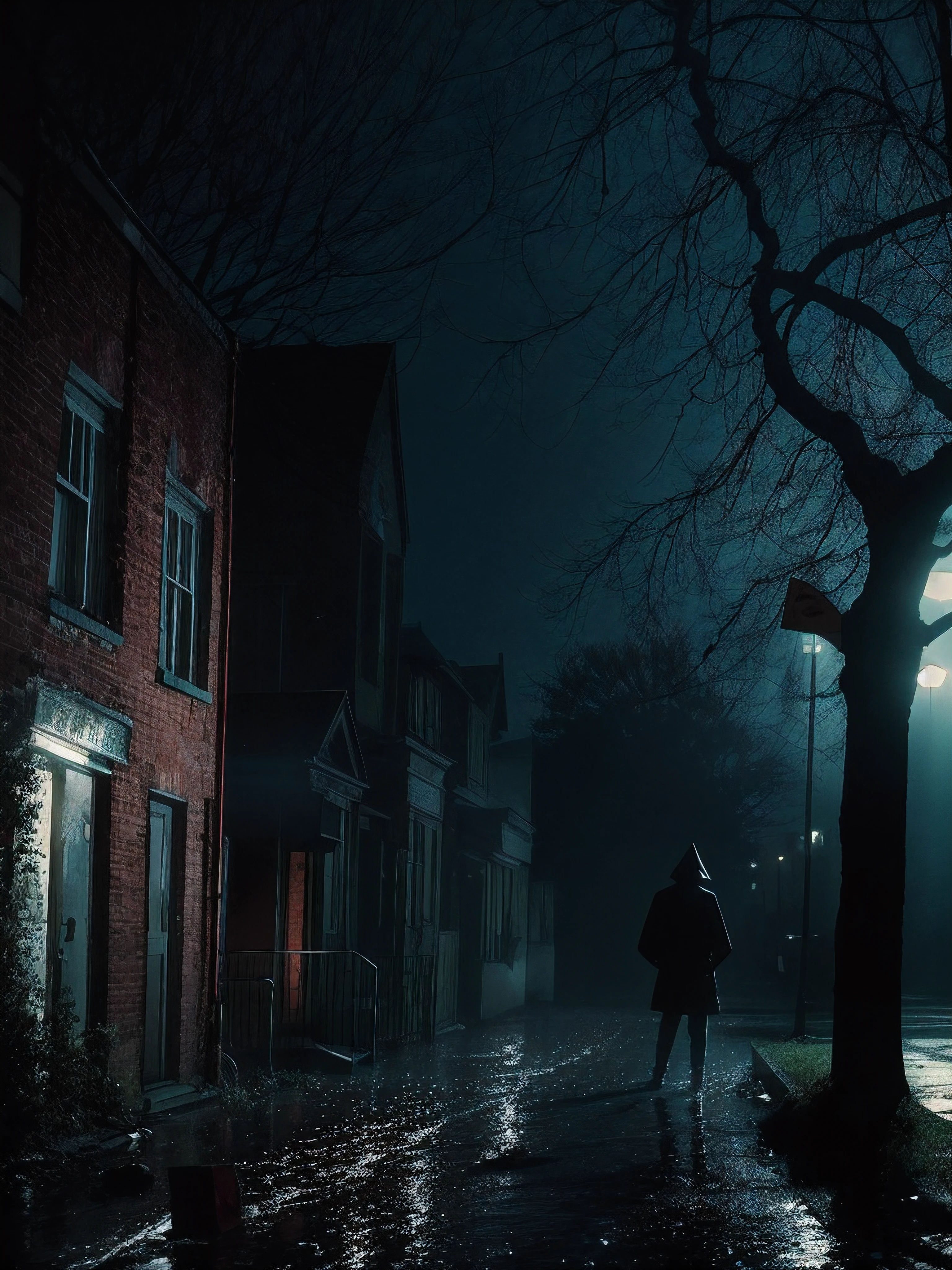 enfield poltergeist from afar, back turned, blood dripping. It is located in the middle of an enfield street at night. Dark shadows, low visibility. Heavy storm and rainfall. photo taken with provia, b-movie aesthetics, b-horror movie aesthetic.