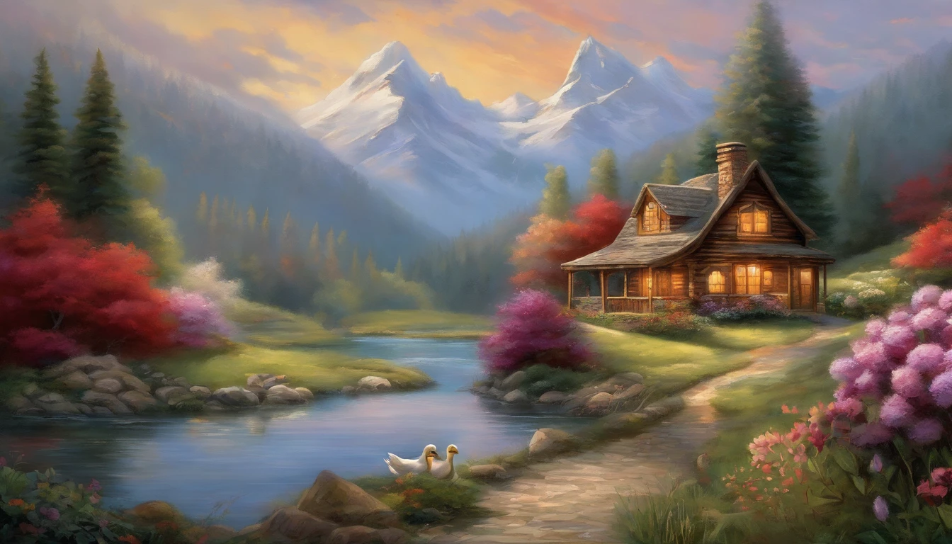 painting of a cabin by a river with a mountain in the background, ((flowers aside of fence, ducklings are in the water,)), peaceful scene, peaceful landscape, in a serene landscape, scenery artwork, highly detailed oil-painting, beautiful oil matte painting, tranquil scene, style of Thomas Kinkade, breathtaking masterpiece of art, dream scenery art, thomas kinkade style painting, 8k high Res, hyper detailed, impasto.