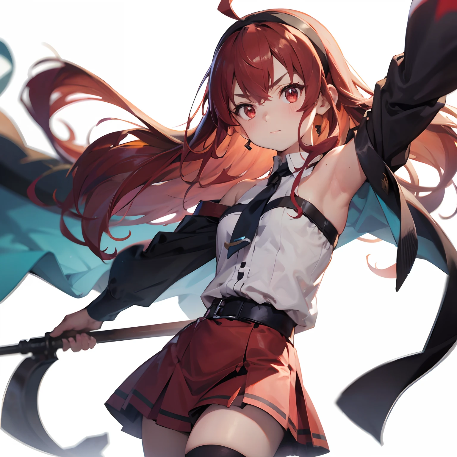 Liss Greyrat, 1girl, Ahoge, bangss, bare shoulders, black hairband, Brown skirt, a closed mouth, Clothes Cutout, arms folded, hair between eye, shairband, length hair, long-sleeve, Look at viewers, red eyes, red hairs, Shoulder clippings, simple background, Black shorts,beauty legs 独奏, Hi-Res, Harm, mushoku tensei grass field randome pose small tits student small stature