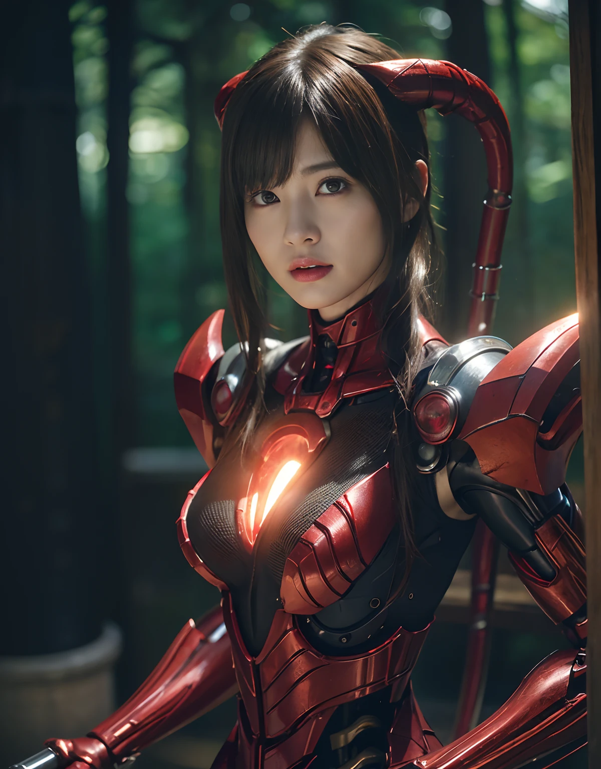 (1 Mechanical Girl)、top-quality、​masterpiece、超A high resolution、(Photorealsitic:1.4)、Raw photo、女の子1人、Fight mutants、glowy skin、(((1 Mechanical Girl)))、With a beautiful knife、（Blue Metal Bodysuit）、（Fight fiercely against aliens）、Fight fiercely、(beautiful forest background)、(Fighting Demonic Beasts)、(Small LED)、((super realistic details))、portlate、(Strong giant demon beast background),globalillumination、Shadow、octan render、8K、ultrasharp、Colossal tits、Raw skin is exposed in cleavage、metals、Details of complex ornaments、Japan details、highly intricate detail、Realistic light、(Mystical expression),CGSoation Trends、Red Eyes、radiant eyes、Facing the camera、neon details、(Mechanical limbs)、(blood vessels connected to tubes)、Mechanical vertebrae attached to the back、mechanical cervical attaching to neck、(Wires and cables connecting to the head)、Gundam、Small LED、,Mechanical thighs、Toostock、（Hands are also made of machines）、（Attack of the Monster Beasts）、（Wounded in a deadly battle）、