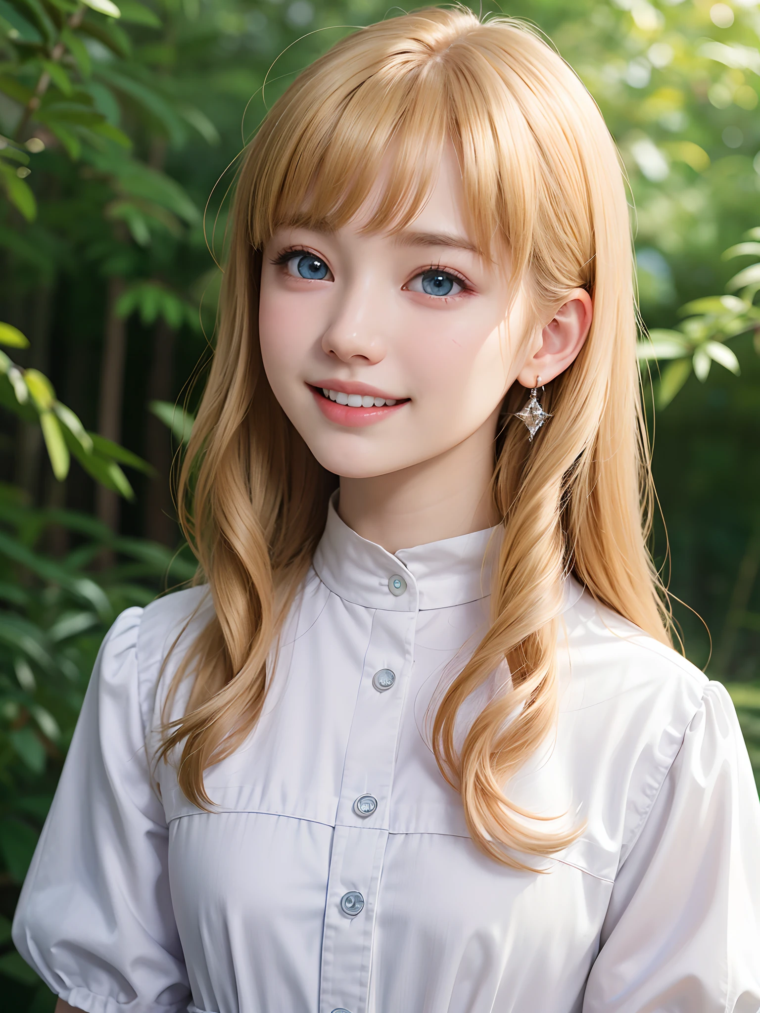 (masuter piece、Best Quality、masutepiece、Cute symmetrical face、Norse man、1 girl)、Beautiful shiny beautiful blonde hair with bangs、Intense crystal light blue eyes、no earrings、Beautiful white skin、5ars old、Very young pretty girl:1.5、Deities々Tiny cute liirl、Cute white outfit、Very pretty girl、happily laughing、Smile happily、The best smile、Beautiful teeth、Beautiful teeth alignment、Beautiful skins、Staring into the distance on the left、Forest with light on beautiful nature background、Deities々Deep forest background、cowboy  shot