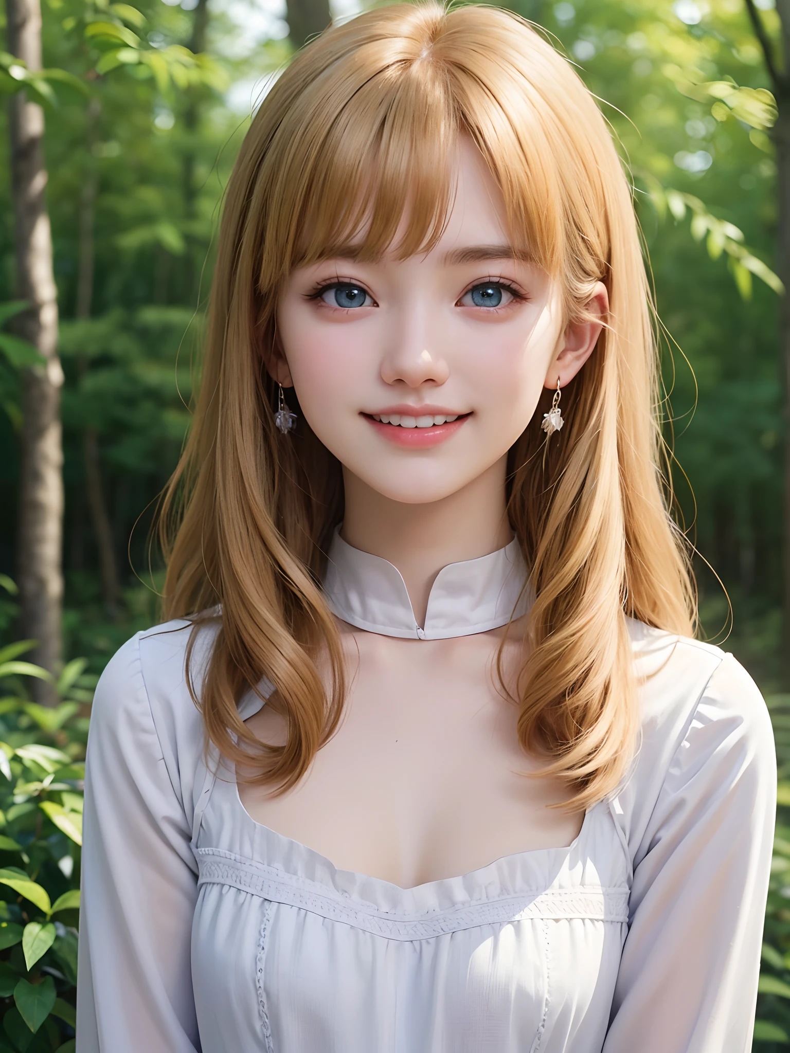 (masuter piece、Best Quality、masutepiece、Cute symmetrical face、Norse man、1 girl)、Beautiful shiny beautiful blonde hair with bangs、Intense crystal light blue eyes、no earrings、Beautiful white skin、5years old、Very young pretty girl:1.5、Deities々Tiny cute little girl、Cute white outfit、Very pretty girl、happily laughing、Smile happily、The best smile、Beautiful teeth、Beautiful teeth alignment、Beautiful skins、Staring into the distance on the left、Forest with light on beautiful nature background、Deities々Deep forest background、cowboy  shot