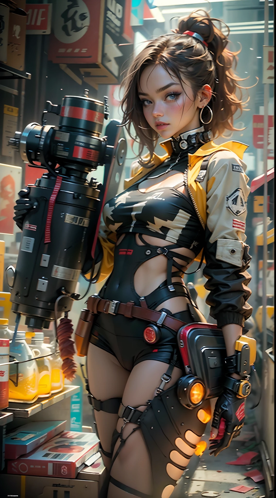 motor irreal:1.4,CG ultra realista 64K, fotorrealista:1.4, textura de la piel:1.4, obra maestra:1.4,posing behind Beautiful woman aiming rocket launcher with babydoll lingerie、Ropa corta estilo cyberpunk color amarillo, pantimedias red , Mini falda azul,
