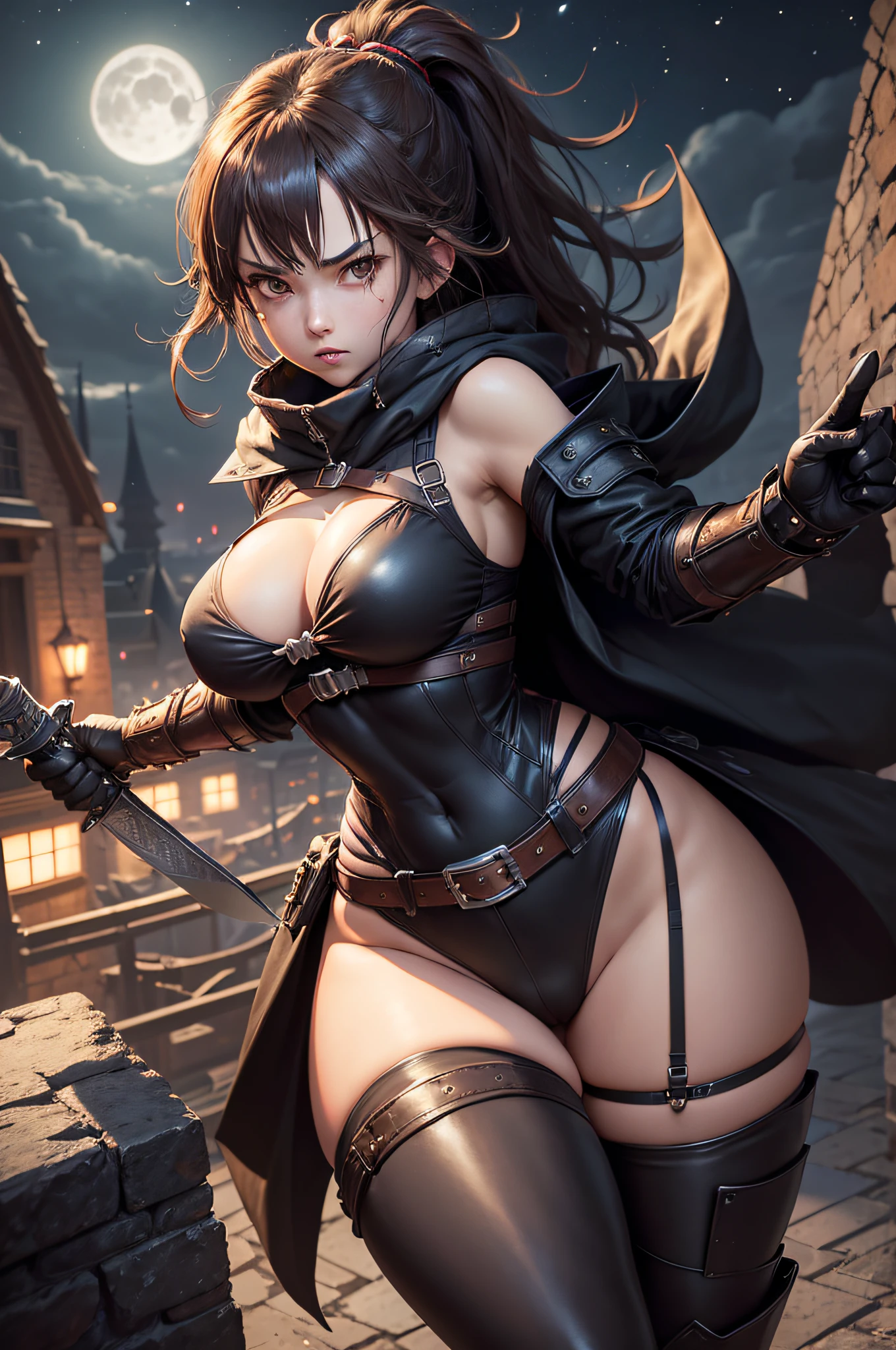 1girl, solo, nanashi mumei, long hair, brown hair, ponytail, brown eyes, (alternate costume:1.5), rogue, side-tie leotard, cross-laced slit, cross-laced cutout, revealing clothes, cleavage, navel, sleeveless, strap, (wide hips:1.0), (big ass:1.0), narrow waist (big natural boobs:1.5 (big thighs:1.0), cloak, hood down, fur-trim, multiple belts, belt pouch, thigh pouch, thighhighs, skin tight, thigh boots, armored boots, gauntlets, (dual wielding:1.4), holding knives, dynamic pose, standing, medieval, fantasy, rooftop, (night:1.4), crescent moon, dark, closed mouth, expressionless, looking at viewerModel: Absolute Reality