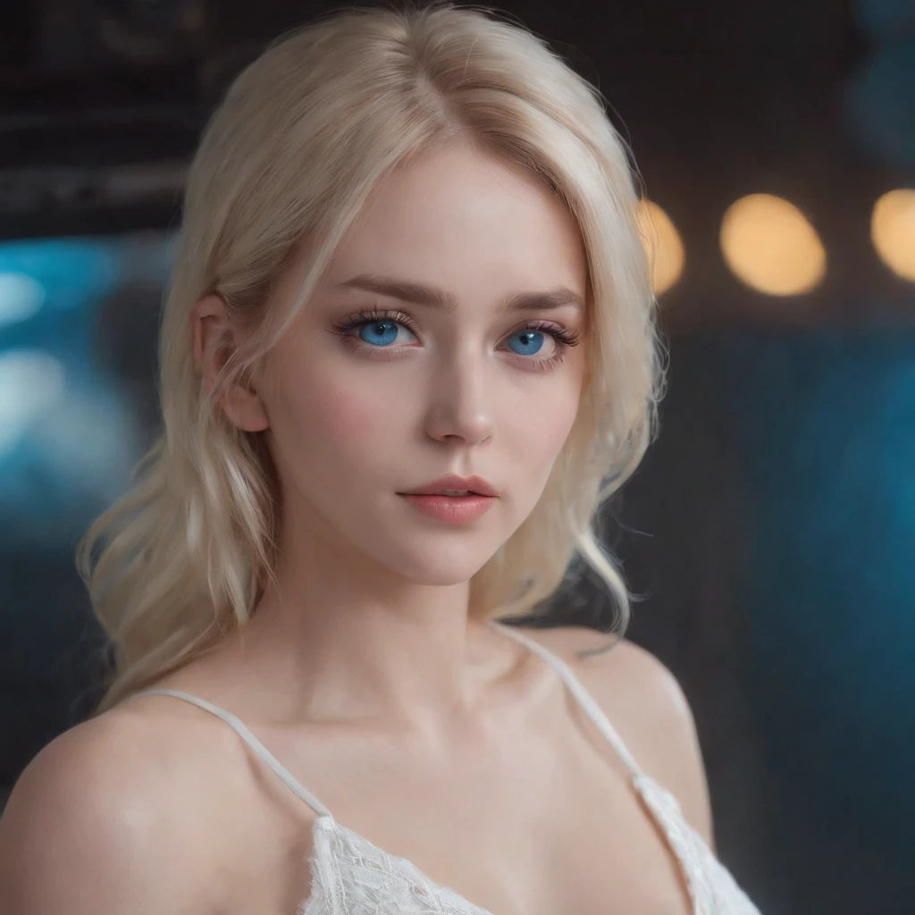 woman, Realistic character,coiffed blonde hair, White slip dress,Blue eyes, anime big breast, Alone, modern, Cyberpunk