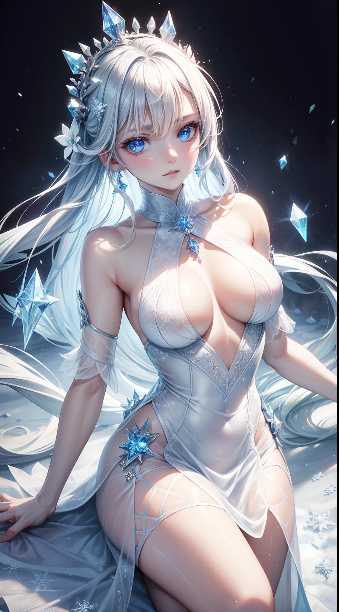 masterpiece, highlydetailed, ultra-detailed, cold, solo, (1girl), (pale skin), icyblue eyes, frosty white hair, (snowy background), snowflakes, (frozen flowers:0.5), (crystal crown), (sparkling ice crystals), (transparent ice dress), (snow-covered ground), (icy breath), cool Chara, flat face, young lady, lady chara, medium boobs, Arrogant, confident, cold face, goddess