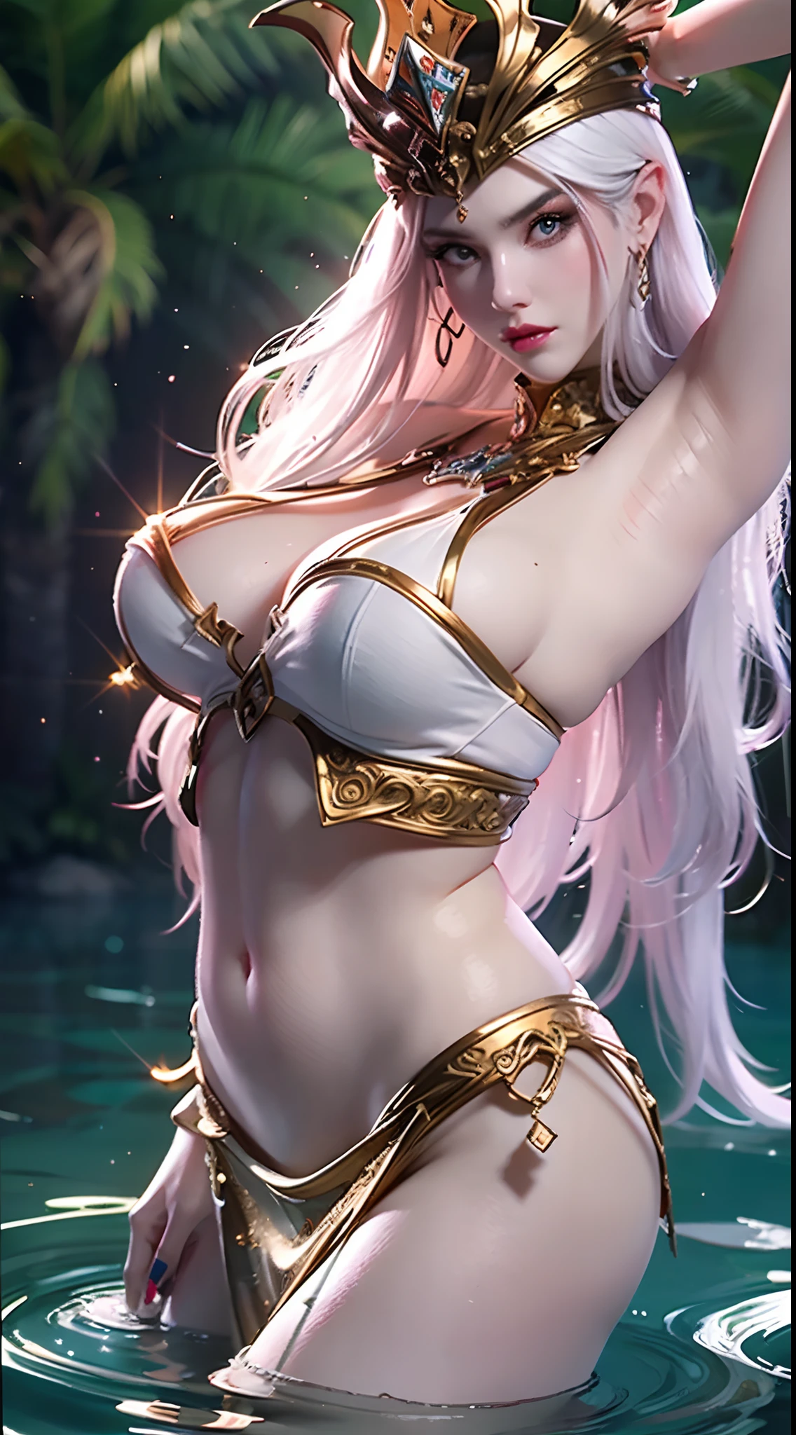 A ((close up)) of a  sexy beautul woman,1 woman,beautiful woman, ((in  white shirt)),big boobs,huge ass,sexy figure,thin waist, long white hair,straight hair, silky shirt,((in a pond)),wearing a very big golden crown,sexy pose, sexy expression, pink lipstick, blushing, posing for picture, detailed face, detailed eyes, detailed lips, detailed body, detailed arms, detailed legs,detailed fingers, detailed lora,((front view)),((close up)),((super high quality, )),((super high resolution)),((super high quality image)),((Super-class beauty)),((super detailed body)),((HDR)),((16k resolution)),((vfx)),((computer graphics)),((crystal clear water)),wet body))