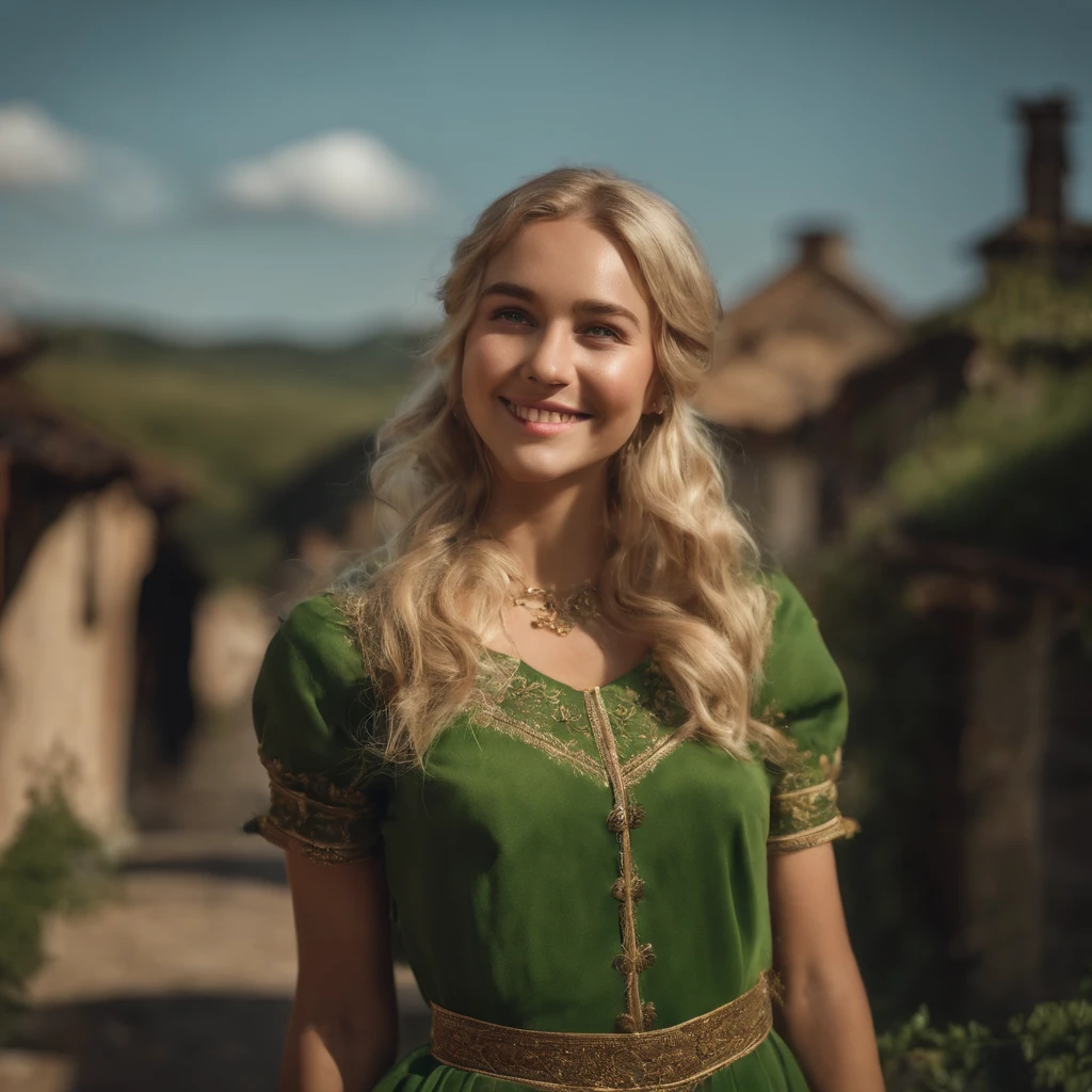 top-quality, masterpiece, ultra-detailliert, Girl Like an Elf, 独奏, cute little, A smile, Wearing hair ornaments, blonde hair, Green clothing, Being in a European village