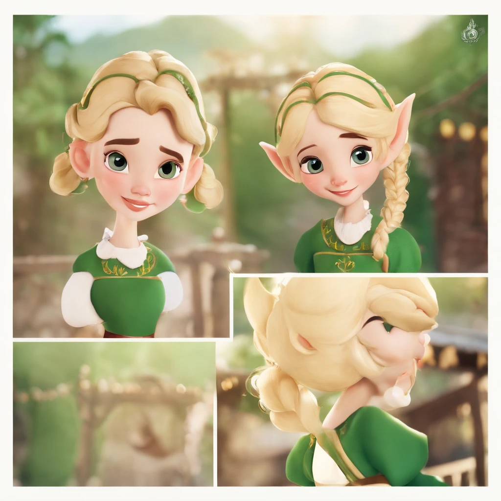 top-quality, ​masterpiece, ultra-detailliert, Girl Like an Elf, 独奏, cute little, A smile, Wearing hair ornaments, blonde  hair, Green clothing, Being in a European village