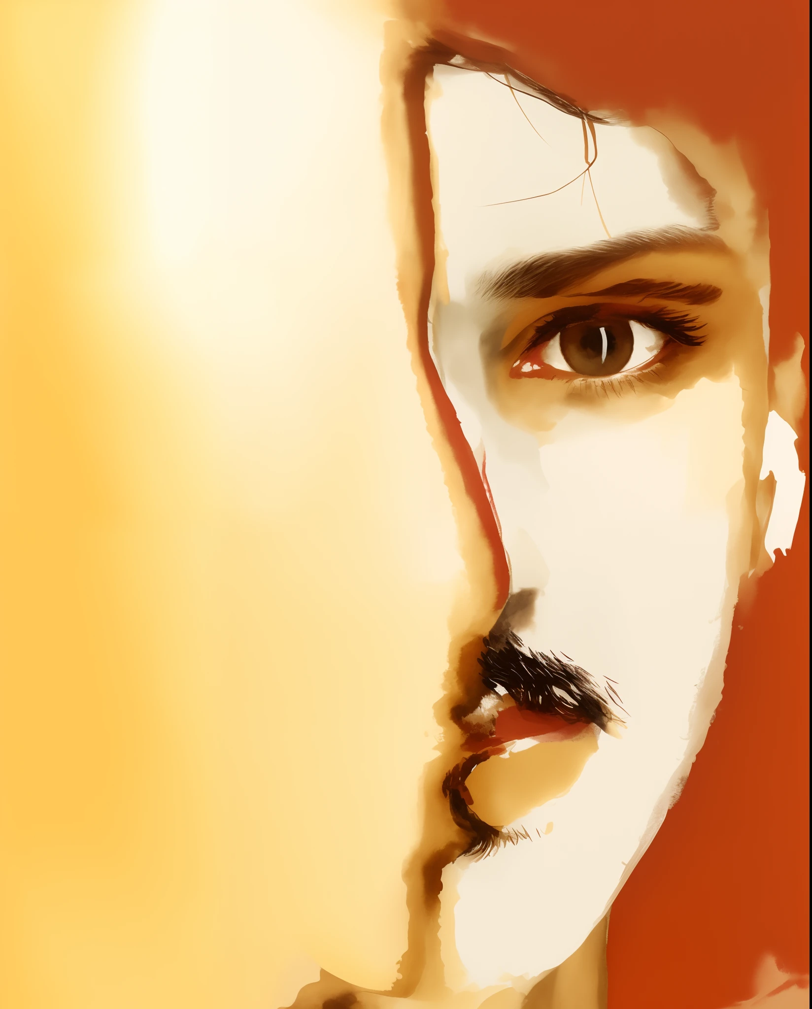 Painting of a man with a mustache and mustache on his face, demi-visage, Shady face, Portrait Digital Art, Portrait en clair-obscur, Autoportrait!!!!, Watch intensely, Symmetrical portrait, demi-portrait, shaded face, Portrait abstrait, Face in the shadows, Spotlight au milieu du visage, colourfull, digital art but photo, Focused gaze