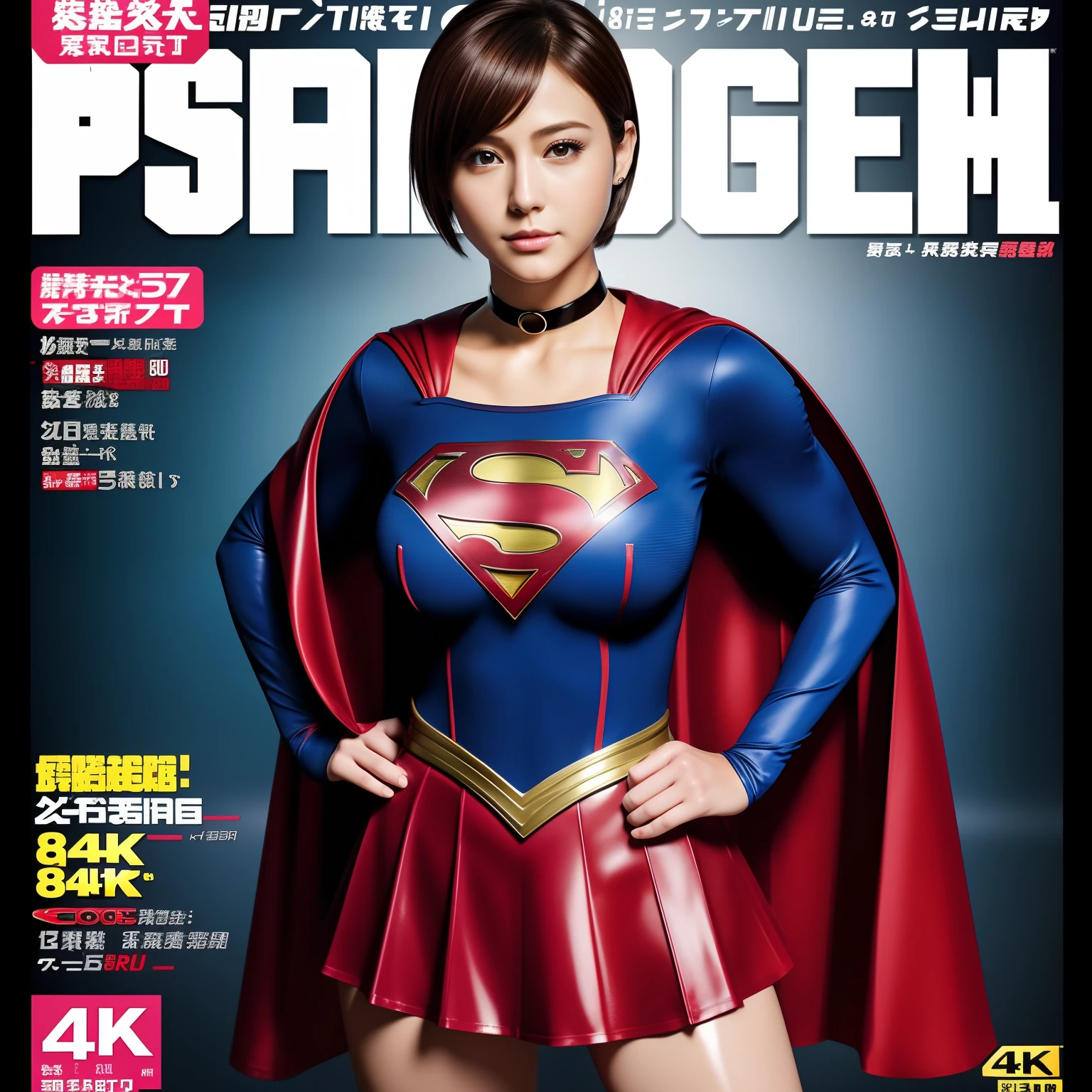 (Best Quality,4K,8K,hight resolution,masutepiece:1.2),Ultra-detailed,Realistic:1.37,Super masterpiece,Short-haired Supergirl、large full breasts、Looking at the camera、Glossy costume、a choker、Too short miniskirt、Weekly magazine cover、Powerful Pose、
