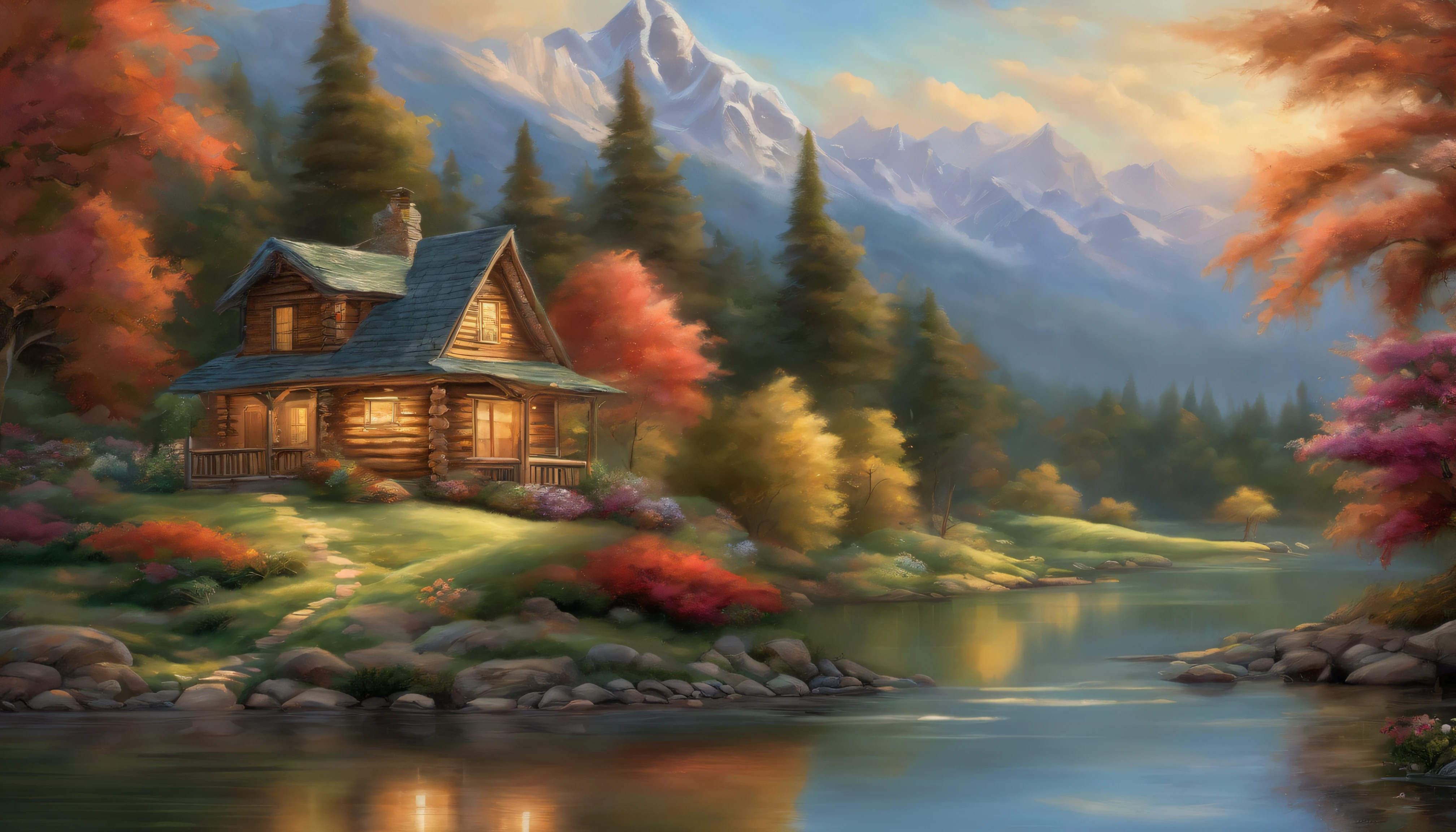 painting of a cabin by a river with a mountain in the background, ((flowers aside of fence, ducklings are in the water,)), peaceful scene, peaceful landscape, in a serene landscape, scenery artwork, highly detailed oil-painting, beautiful oil matte painting, tranquil scene, style of Thomas Kinkade, breathtaking masterpiece of art, dream scenery art, thomas kinkade style painting, 8k high Res, hyper detailed, impasto.