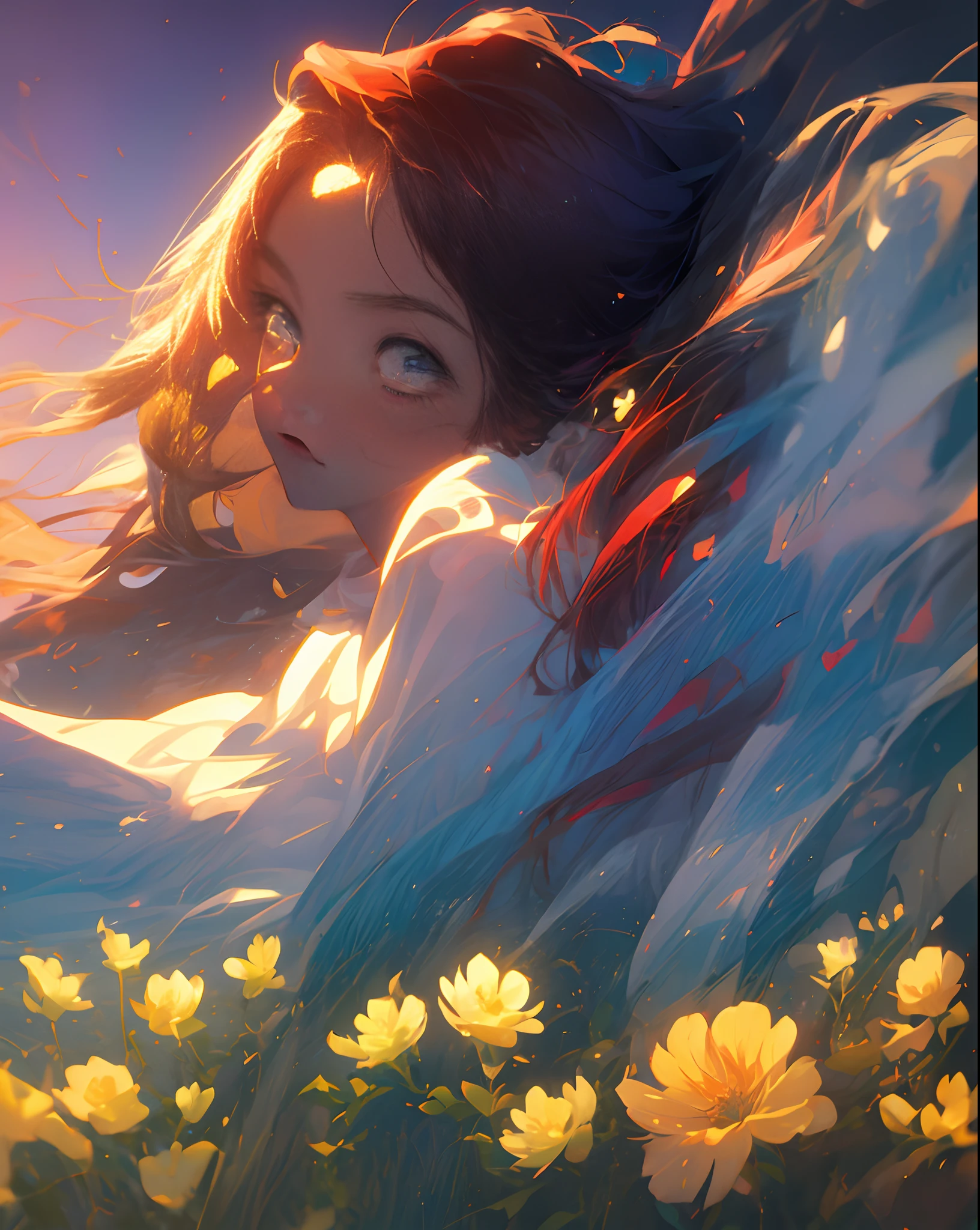 Dyed in the sunset、Bright red higan flower。A Girl Standing There。Gaze at the sunset、Looking into the distant future with serious eyes。Long hair swaying in the wind。Blue eyes。3D。