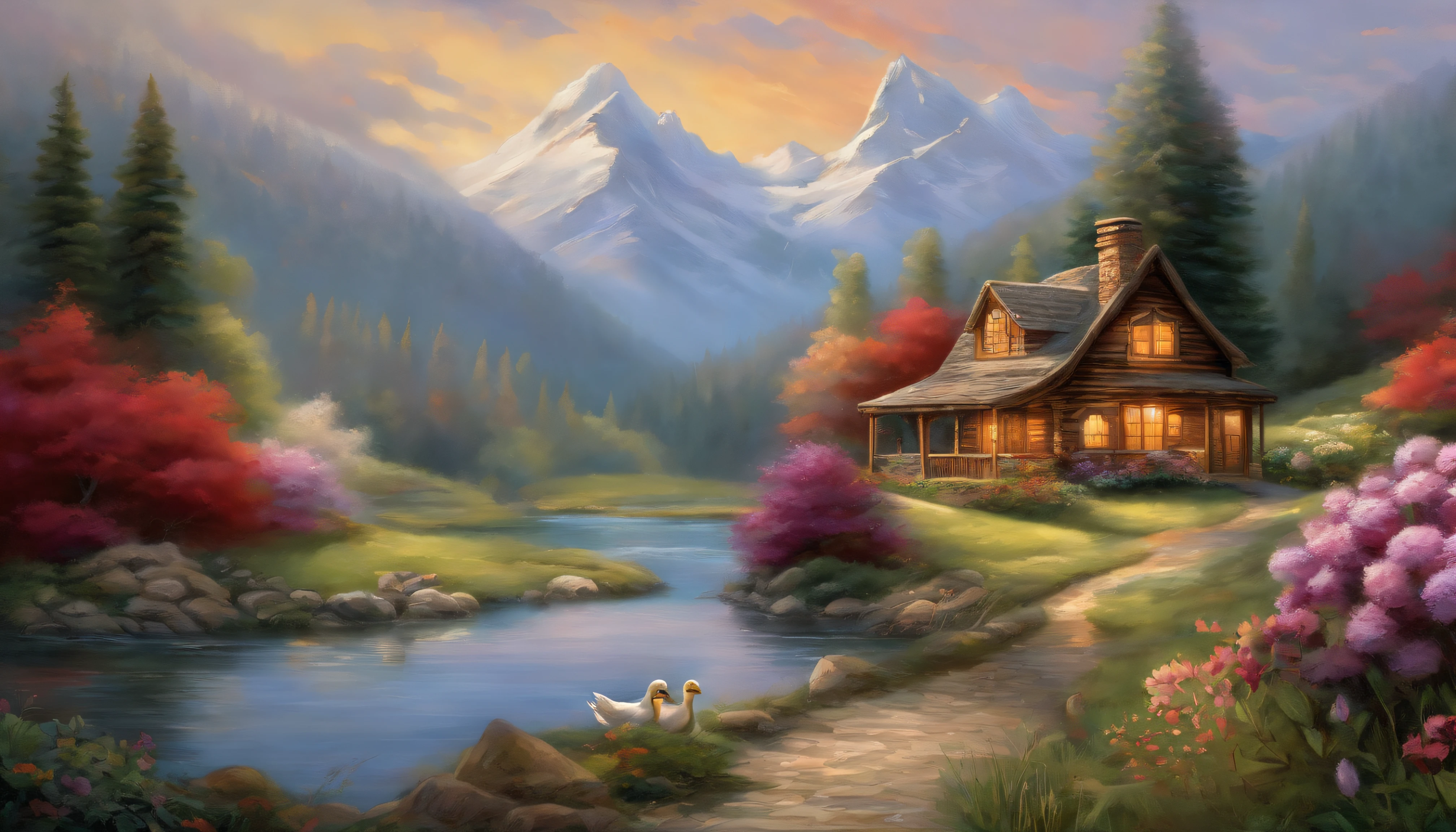 painting of a cabin by a river with a mountain in the background, ((flowers aside of fence, ducklings are in the water,)), peaceful scene, peaceful landscape, in a serene landscape, scenery artwork, highly detailed oil-painting, beautiful oil matte painting, tranquil scene, style of Thomas Kinkade, breathtaking masterpiece of art, dream scenery art, thomas kinkade style painting, 8k high Res, hyper detailed, impasto.