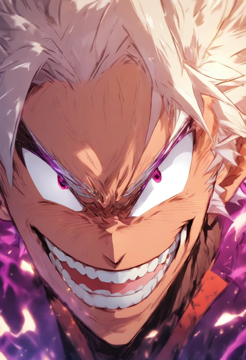 1 man,short messy white hair, purplish white eyes,grin,sharp teeth, portrait,close up of the upper body