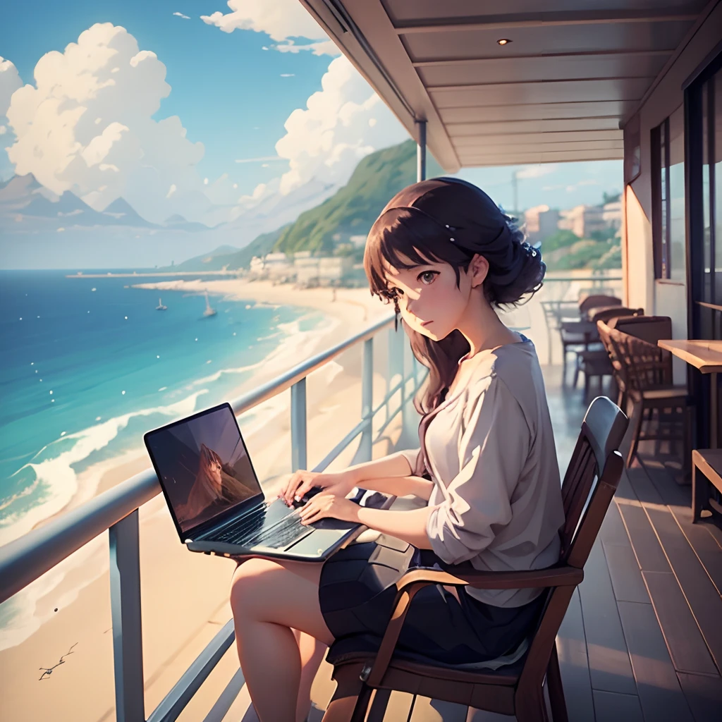Woman sitting on balcony of café with sea view,Work on a laptop, Work on a laptop,by Miyazaki, makoto shinkai cyril rolando, Amazing Miyazaki, miyazaki's animated film, studio ghibli artstyle, beautiful anime scene, miyazaki film, Hayao Miyazaki's style, Inspired by Miyazaki, miyazaki film, ghibli art style