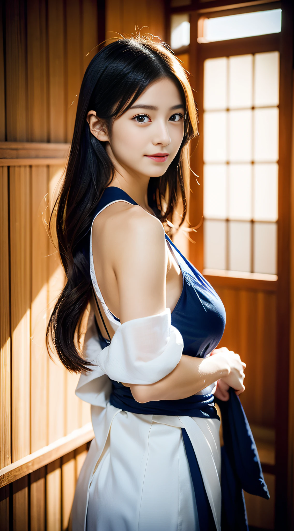 (((32k,high detal,high-detail、masterpiece,Attention to detail,full body Esbian,独奏))),Raw photo & realistic atmosphere,beautiful dark blue eyes,Detailed mouth,Glossy lips,Detailed eyebrows,Eyes drawn in detail with soft white skin that shines in every detail、Very beautiful eyes with azure eyes,Detailed lips、Very beautiful face,Very well-formed face、Lifelike face,shiny beautiful lips,Beautiful eyebrows,Infinite reality, Realistic Young Gravure Idol,Very cute high school girl, , Young Sensual Gravure Idol, Young Gravure Idol, extremely beautiful and cute17-year-old pointed beautiful girl,with a flushed face,Incredibly beautiful and classy17 year old beautiful girl,natural soft light,(Black shiny hair,,bare-legged,Samurai kimono and black hakama,Beautiful kind eyes:1.5),(youthfulness,Severe wear and tear,Exposed thighs,Thighs protruding from hakama,Gentle smile,well-shaped breasts,,Immature body,Japan samurai kimono,Japanese style berry shorthair,Hang your hair high and tie it into one,Beautiful posture,posterior view,facing back,no-makeup,woman samurai,woman swordsman,Influence of Shinsengumi,Looking into the distance,Japanese pattern haori,Japanese style hair ornament,cleavage of the breast,Wearing bowl rolls,No bra,Beautiful chest bulge with blue hakama chest:1.6)