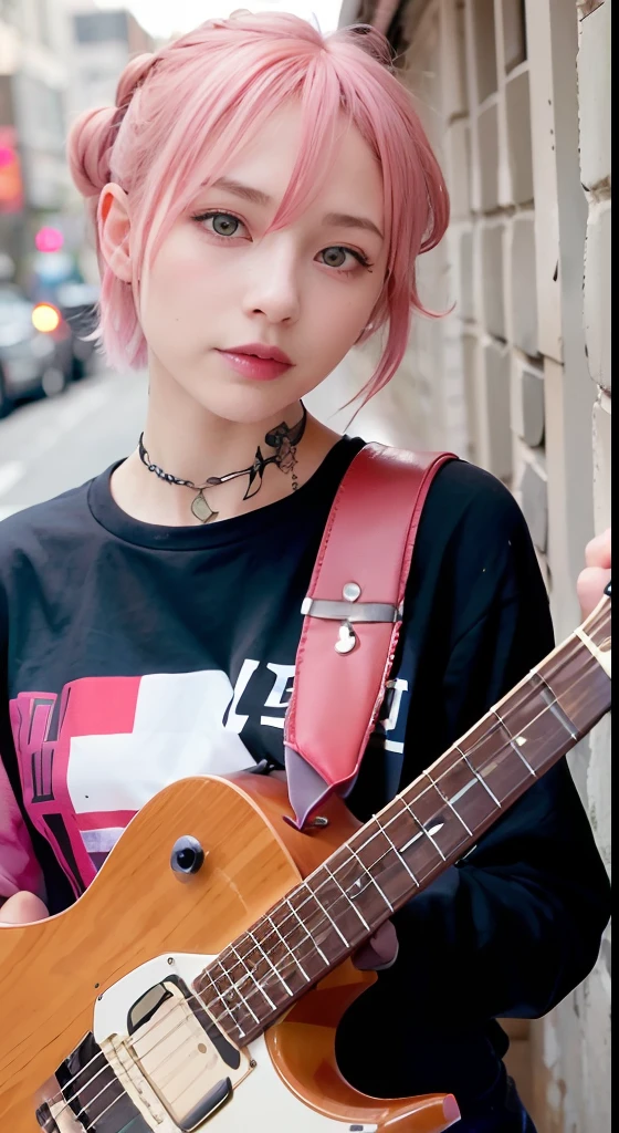 (masutepiece), (Portrait), (Aesthetic), (cute little), (upper blody), (High quality), (aesthetic clothings), (professional angle), (thirds rule), (Feminine), (Woman), , (Beautiful),(Feminine features), (18year old:1.4), Solo, 1 woman, (Charming punk girl), Blue eyes,faces、(A smile:1.5),(facing front:1.2),Dramatic light, ((Playing guitar)), Edgy makeup, (Small bust), ((electric guitar)), (Front face), (Leather jackets and tattoos), ((Short hair)), (dyed (E.G. and pinks) hair), (spiky hair), (Thick hair), Matte Shine Hair, (Hair bands scattered in the hair), (Bold and bold look), (pale skin), (Dark clothes), (Band T-shirt), (Ripped jeans), ((Urban alley background)), (up close shot), Beautiful hands, Two hands, normal hands, Two arms, complete hands, Beautiful body, Beautiful fingers, normal fingers, Five Fingers, Five Fingers, (Thumb index finger ring finger), Beautiful ears, normal ears, Beautiful eyes, shiny eyes, Beautiful mouth, Beautiful lips,Medium hair with pink hair, (Pink hair), Ear Hair, small tits, Single braid, (Single braid), (Side braid)
