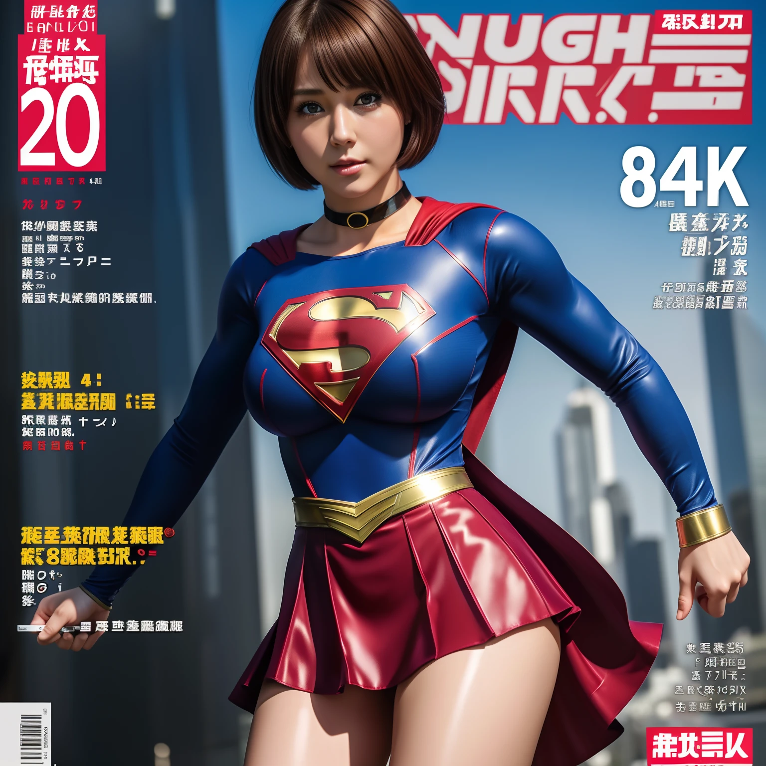 (Best Quality,4K,8K,hight resolution,masutepiece:1.2),Ultra-detailed,Realistic:1.37,Super masterpiece,Short-haired Supergirl、large full breasts、Looking at the camera、Glossy costume、a choker、Too short miniskirt、Weekly magazine cover、Powerful Pose、