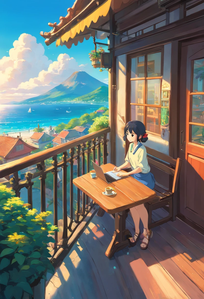 Woman sitting on balcony of café with sea view,Work on a laptop,You can see the sea horizon,by Miyazaki, makoto shinkai cyril rolando, Amazing Miyazaki, miyazaki's animated film, studio ghibli artstyle, beautiful anime scene, miyazaki film, Hayao Miyazaki's style, Inspired by Miyazaki, miyazaki film, ghibli art style