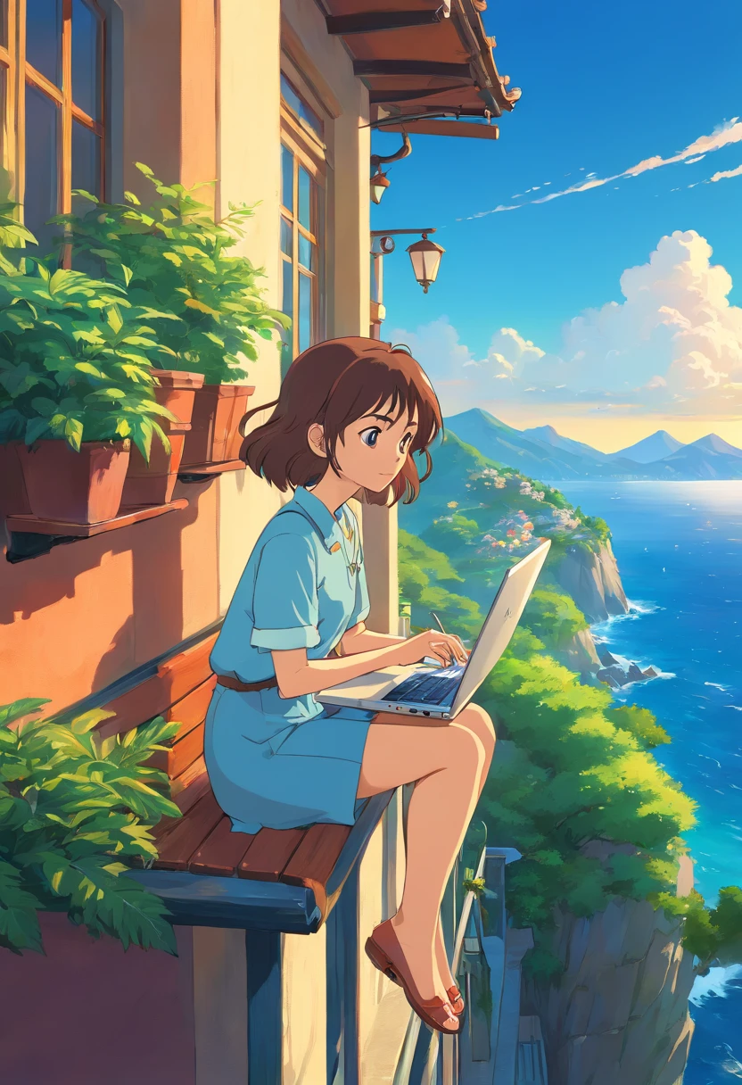 Woman sitting on balcony of café with sea view,Work on a laptop,You can see the sea horizon,by Miyazaki, makoto shinkai cyril rolando, Amazing Miyazaki, miyazaki's animated film, studio ghibli artstyle, beautiful anime scene, miyazaki film, Hayao Miyazaki's style, Inspired by Miyazaki, miyazaki film, ghibli art style