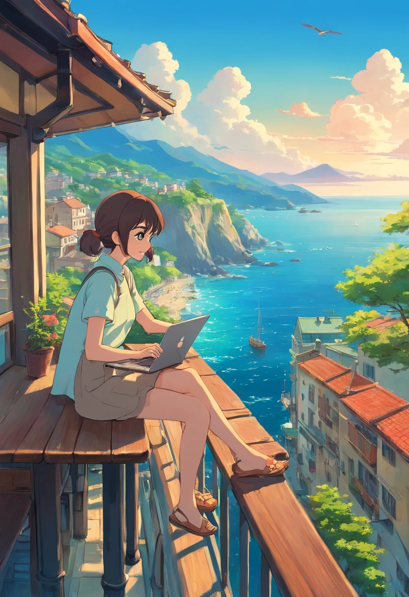 Woman sitting on balcony of café with sea view,Work on a laptop,You can see the sea horizon,by Miyazaki, makoto shinkai cyril rolando, Amazing Miyazaki, miyazaki's animated film, studio ghibli artstyle, beautiful anime scene, miyazaki film, Hayao Miyazaki's style, Inspired by Miyazaki, miyazaki film, ghibli art style