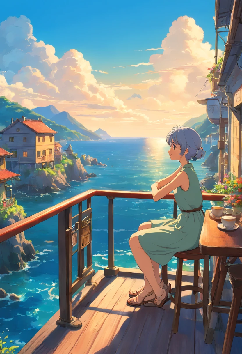 Woman sitting on balcony of café with sea view,Work on a laptop,You can see the sea horizon,by Miyazaki, makoto shinkai cyril rolando, Amazing Miyazaki, miyazaki's animated film, studio ghibli artstyle, beautiful anime scene, miyazaki film, Hayao Miyazaki's style, Inspired by Miyazaki, miyazaki film, ghibli art style