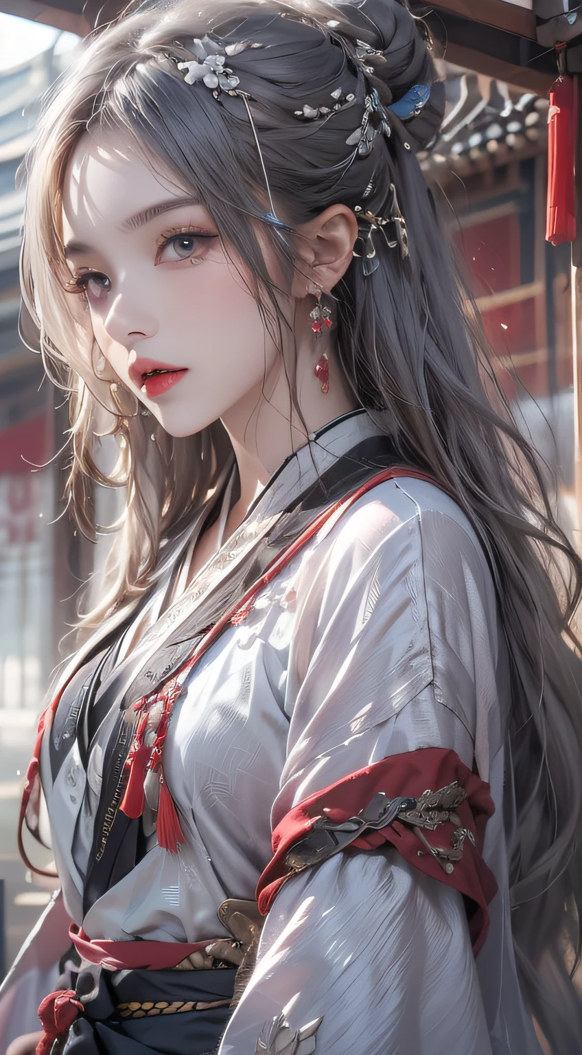 Photorealistic, high resolution, 1 woman, Hips up, Beautiful eyes, Long hair, ringed eyes, jewelry, tattoo, Hanfu, Chinese fairy, Taoist uniform, Kneeling, White hair