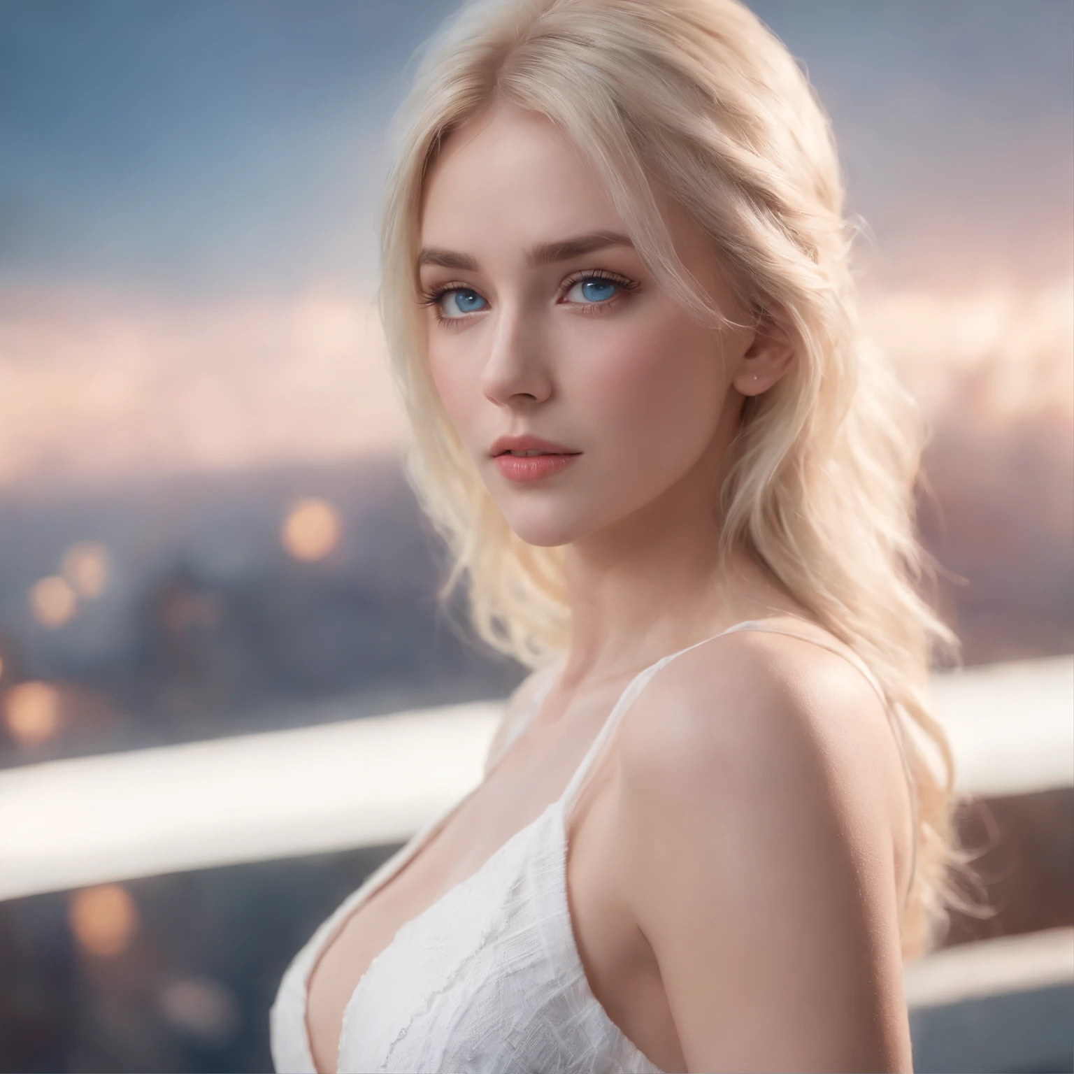 Woman, realistic character,Bunky blonde hair, White knit slip dress,Blue eyes, anime big breast, Alone, Modern, Cyberpunk