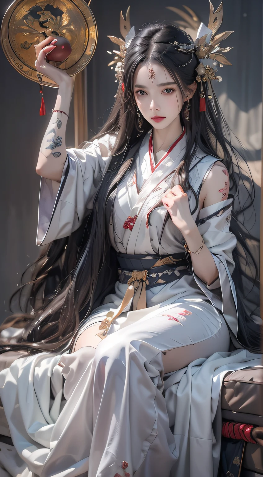 Photorealistic, high resolution, 1 woman, Hips up, Beautiful eyes, Long hair, ringed eyes, jewelry, tattoo, Hanfu, Chinese fairy, Taoist uniform, Kneeling, White hair