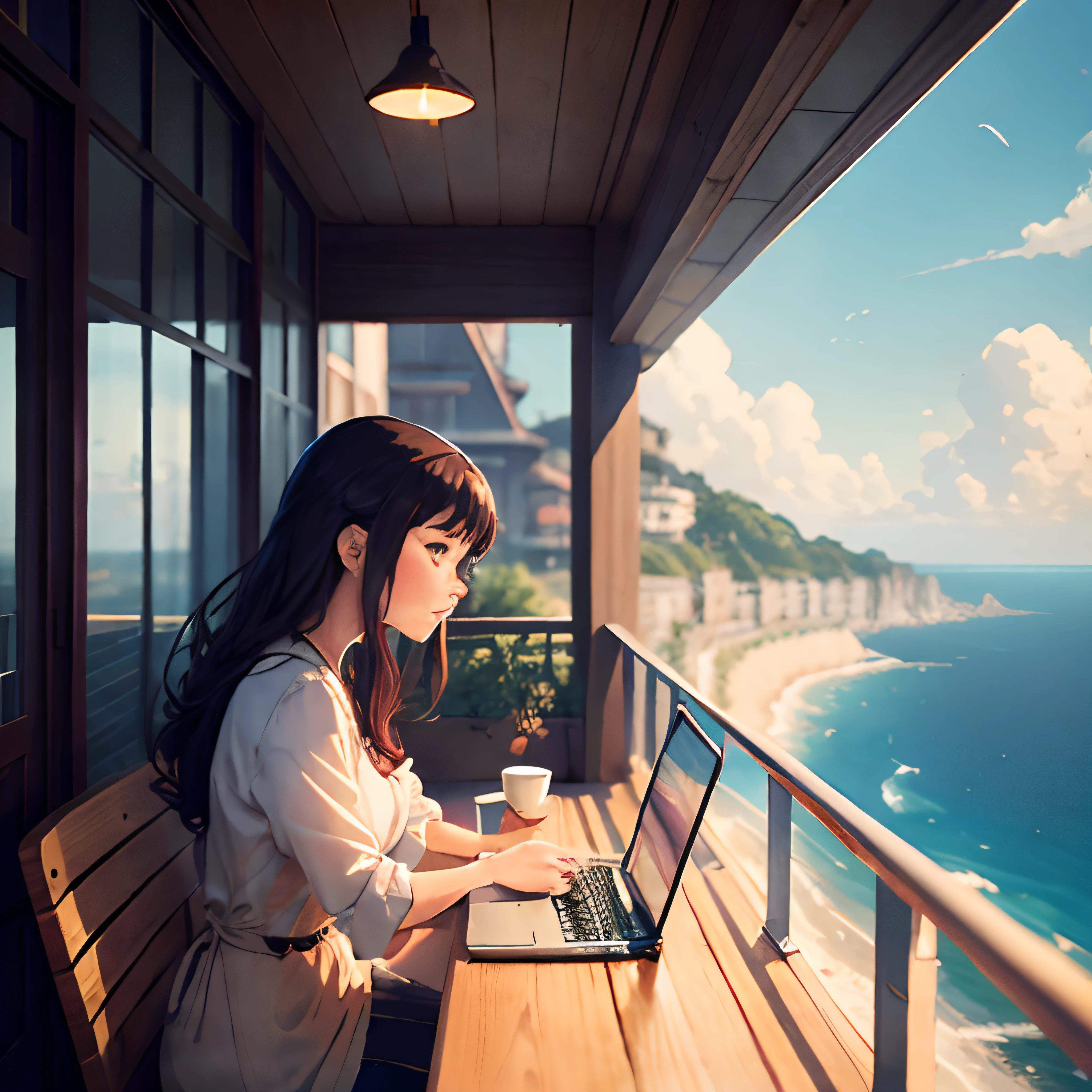 Woman sitting on balcony of café with sea view,Work on a laptop, Work on a laptop,by Miyazaki, makoto shinkai cyril rolando, Amazing Miyazaki, miyazaki's animated film, studio ghibli artstyle, beautiful anime scene, miyazaki film, Hayao Miyazaki's style, Inspired by Miyazaki, miyazaki film, ghibli art style