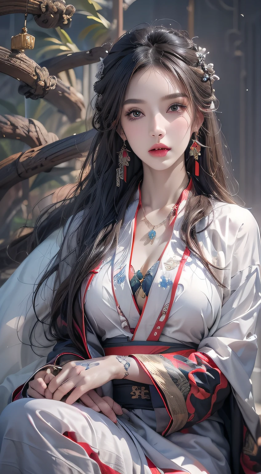 Photorealistic, high resolution, 1 woman, Hips up, Beautiful eyes, Long hair, ringed eyes, jewelry, tattoo, Hanfu, Chinese fairy, Taoist uniform, Kneeling, White hair