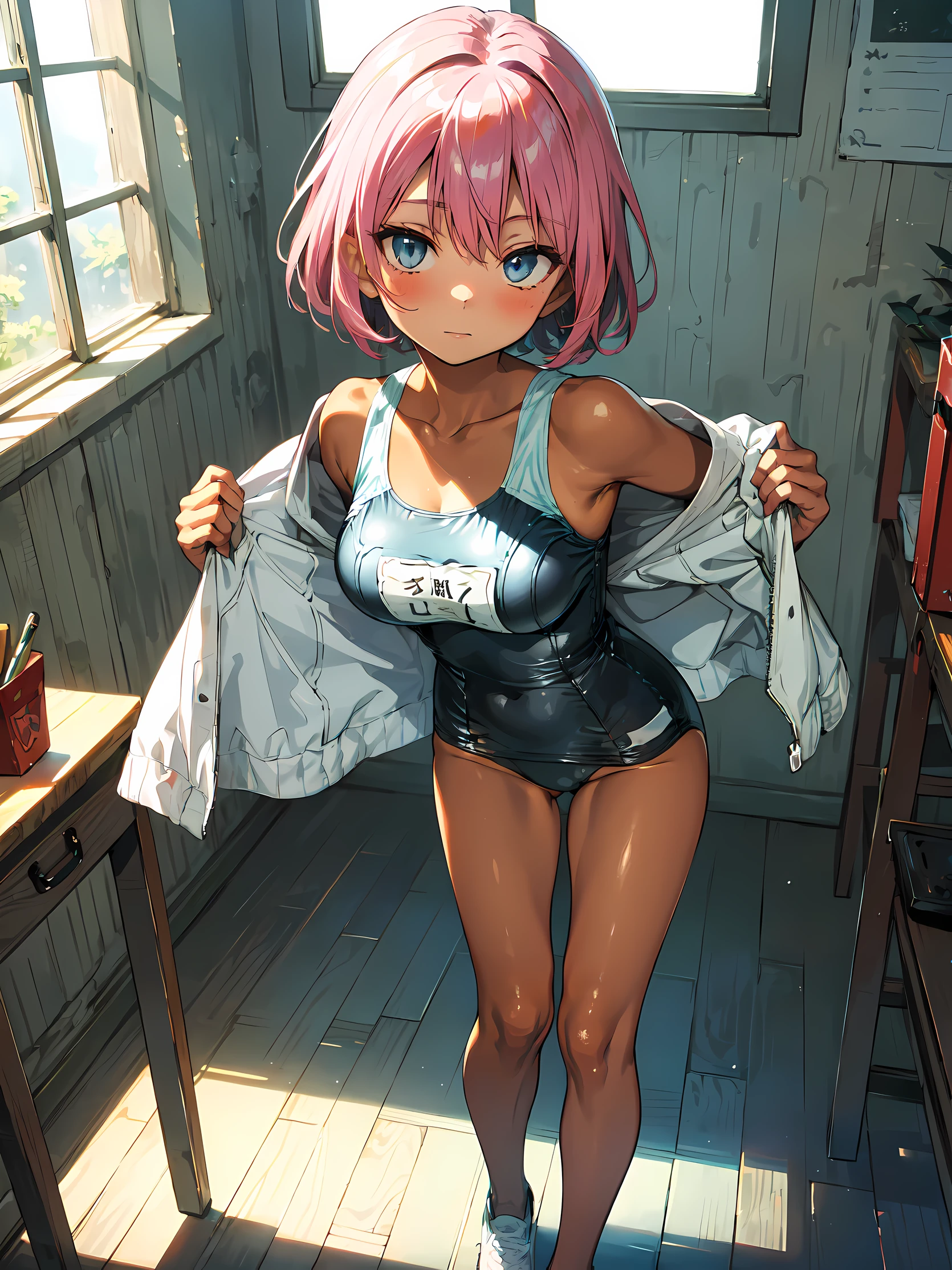 (masterpiece:1.3), (Best Quality:1.3), (Ultra-detailed:1.2), ((kawaii)), Cute, (lovely), ((sexy)), ((Extremely detailed)), 4K, (8K), Best Quality, (Beautiful), Illustration, anime style, painting, flat color, (bold line:1.2), Gradation, full body, //, (undressing:1.3). //, classroom, submerge, wreckage, Sunlight pours in through the perforated ceiling, moss, //, a cute girl, 1girl, (solo:1.2), //, (school swimsuit), jacket, shoes, //, Bob cut hair style, pink hair color, (beautiful eyes), light blue eyes, (suntanned skin:1.2), swimsuit tan, //, big breasts, disproportionate breasts, (Perfect eyes:1.2), (Perfect iris:1.2), //, (cool), //, shiny-glistening, ultra shiny body, gleaming,