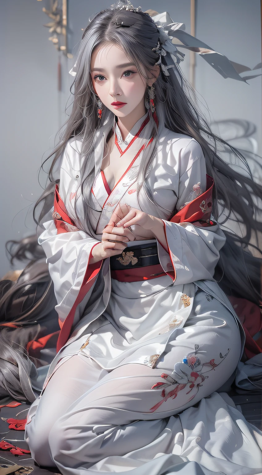 Photorealistic, high resolution, 1 woman, Hips up, Beautiful eyes, Long hair, ringed eyes, jewelry, tattoo, Hanfu, Chinese fairy, Taoist uniform, Kneeling, White hair