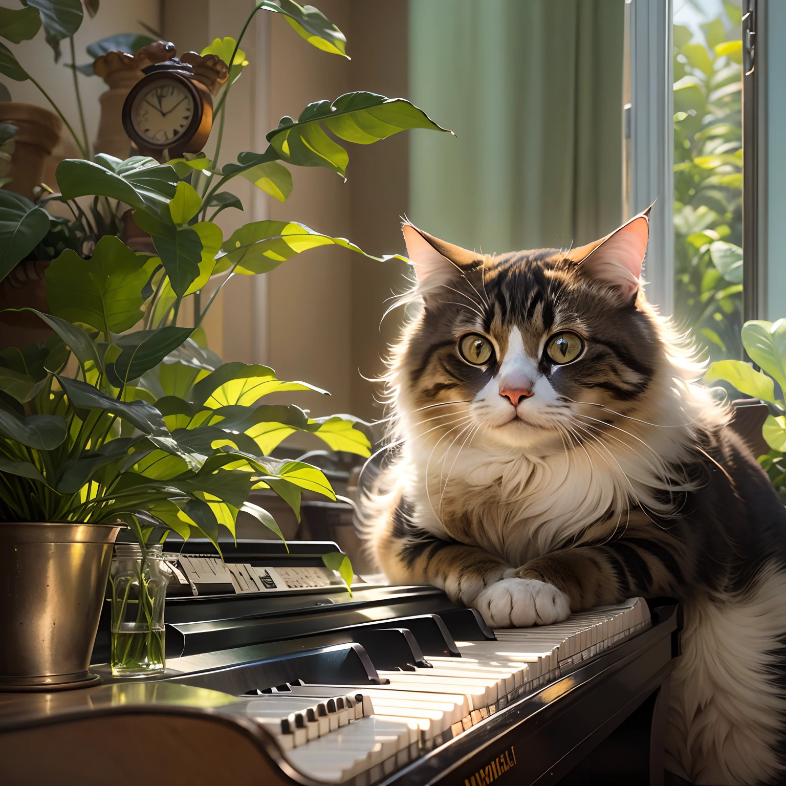 A round-eyed cat sits by the piano in the living room, a plant, Sunlight outside the window.