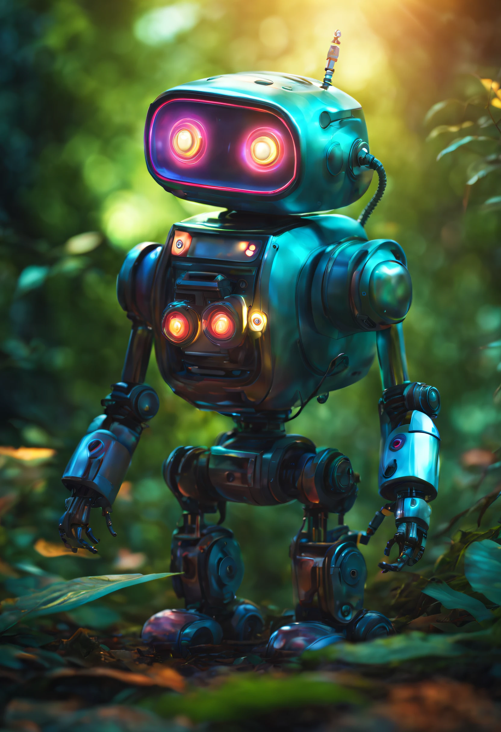 Cute smiling robot, ghostly glow, phantasy jungle, luminous leaf, prism planet, digital surrealism. hyper realistic photography, HDR, UHD 32k. --AR 16:9, --style raw