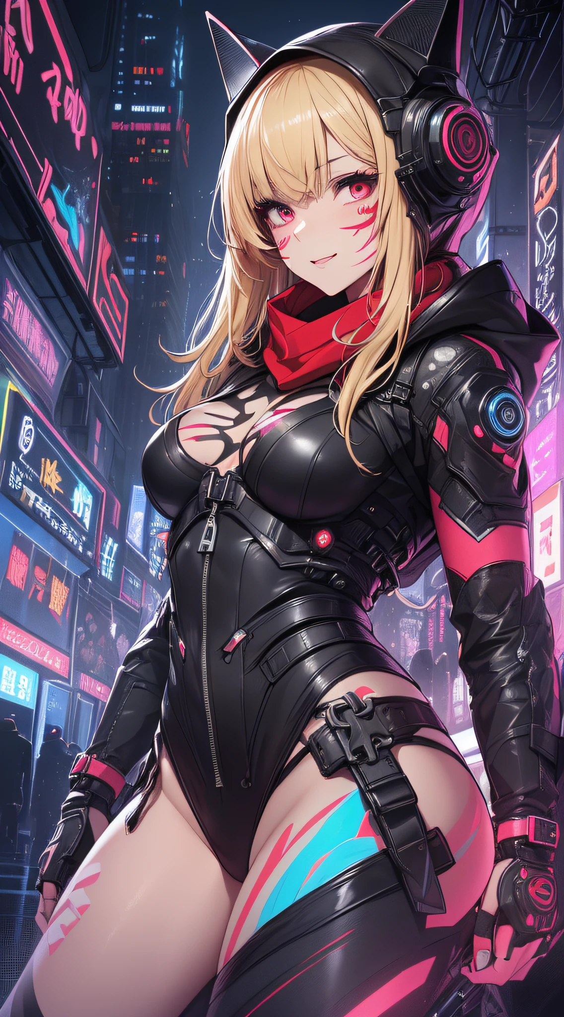 top-quality、Top image quality、masterpiece、girl with((18year old、Red, Black and blue glowing cybersuit、falda corta、Shining Cyber White Hoodie、Best Bust、Bust 90、Blonde Away Tail、Red Eyes、open chest wide、Valley、Happiness、A slender、ssmile、Red Face Paint、Black scarf、Reflecting the whole body、Slouch action))hiquality、Beautiful Art、Background with((nightcity、cyberpunked、nightclubs))、masutepiece、Elaborate design、visualart、