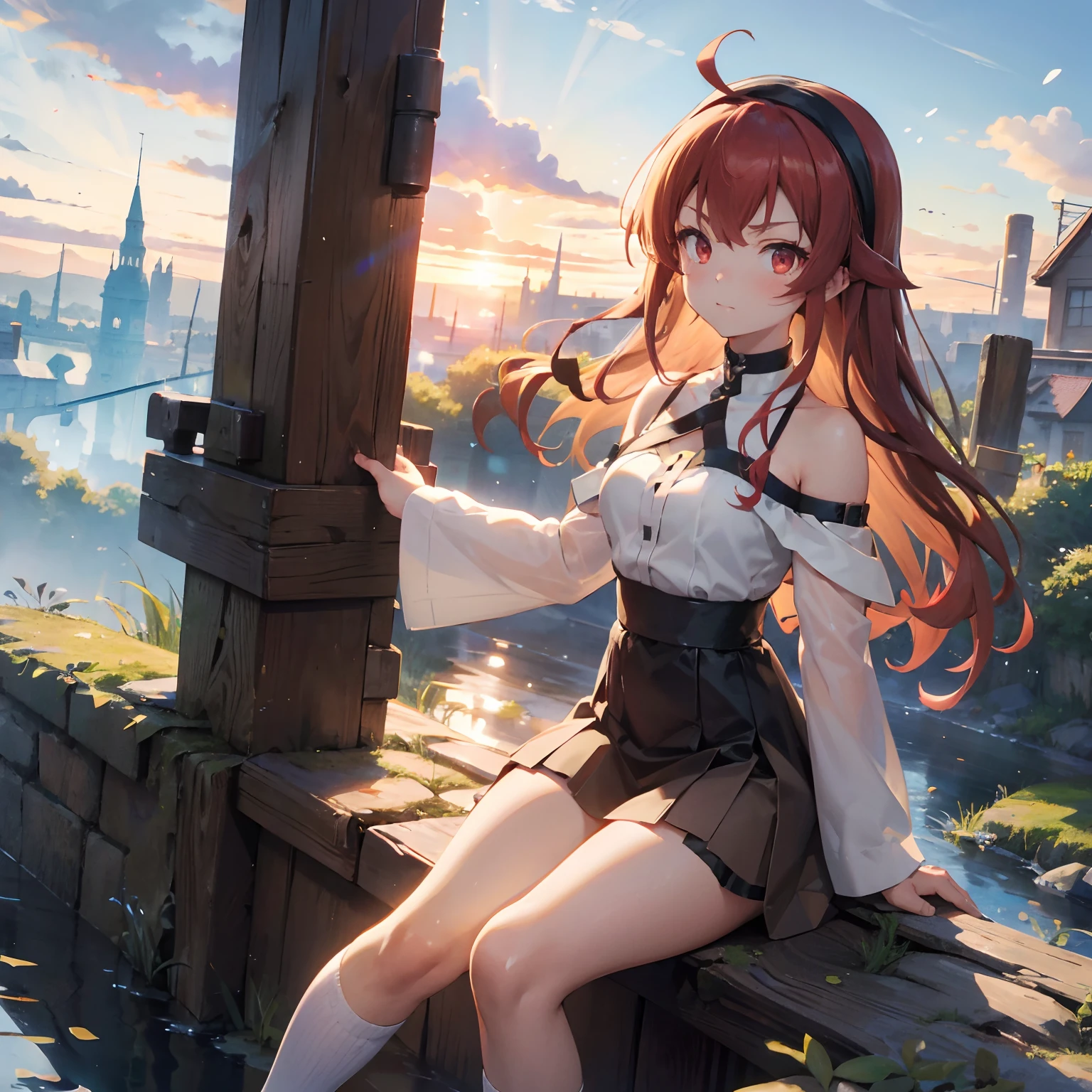 Liss Greyrat, 1girl, Ahoge, bangss, bare shoulders​, black hairband, Brown skirt, a closed mouth, Clothes Cutout, arms folded, hair between eye, shairband, length hair, long-sleeve, Look at viewers, red eyes, red hairs, Shoulder clippings, simple background, Black shorts,beauty legs　 独奏, Hi-Res, Harm, mushoku tensei　grass field　randome pose　small tits　15yo student　small stature