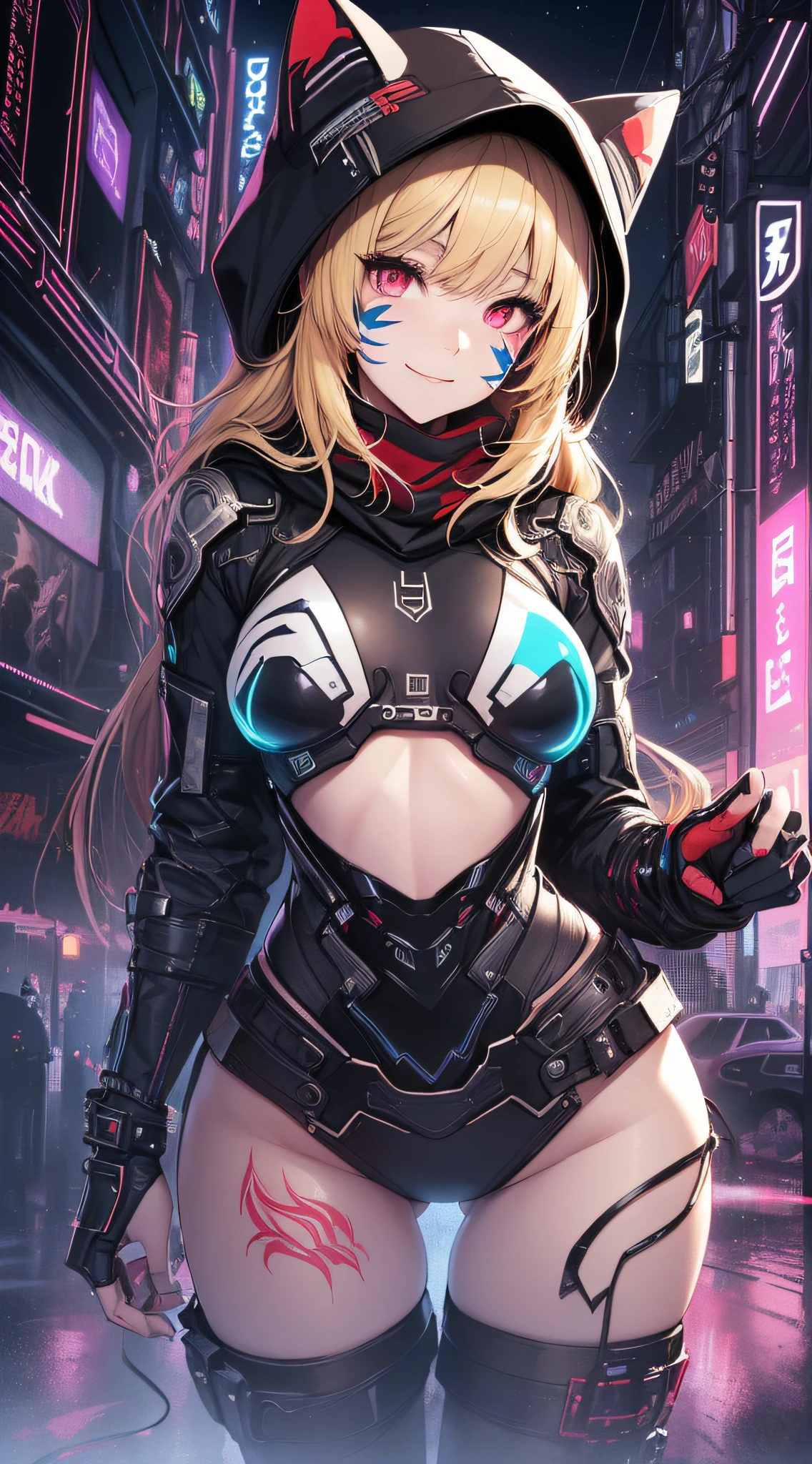 top-quality、Top image quality、​masterpiece、girl with((18year old、Red, Black and blue glowing cybersuit、falda corta、Shining Cyber White Hoodie、Best Bust、Bust 90、Blonde Away Tail、Red Eyes、open chest wide、Valley、Happiness、A slender、ssmile、Red Face Paint、Black scarf、Reflecting the whole body、Slouch action)）hiquality、Beautiful Art、Background with((nightcity、cyberpunked、nightclubs))、masutepiece、Elaborate design、visualart、