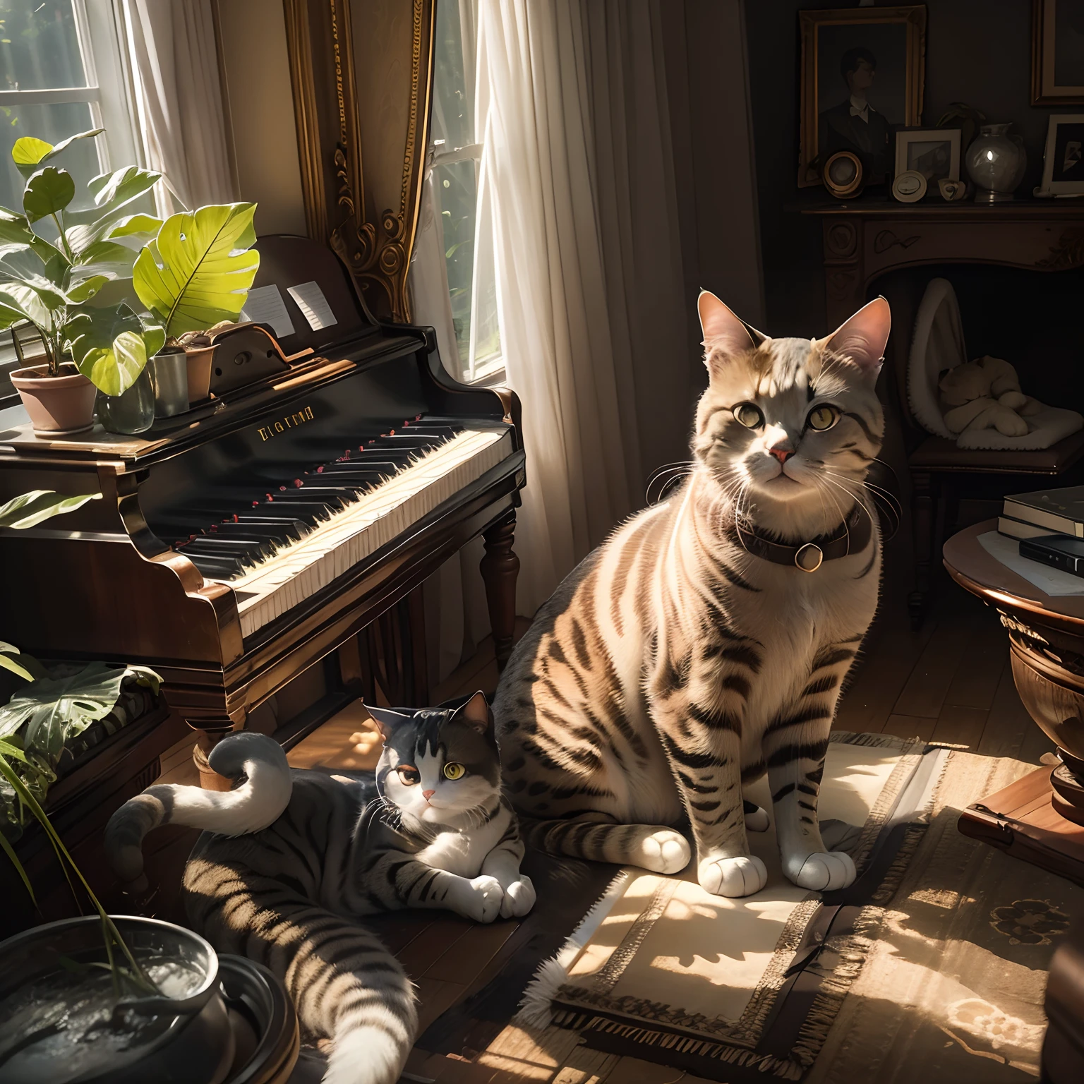 A round-eyed cat sits by the piano in the living room, a plant, Sunlight outside the window.