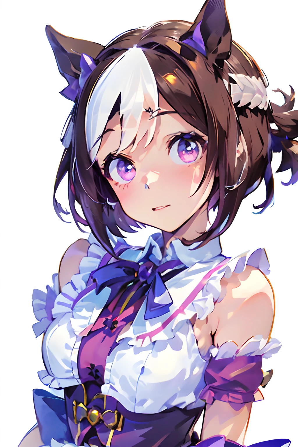 special_week_\(Umamusume)、bow ribbon、bow ribbon、bow ribbon、corsets、Fluffy breasts、nursing、toppless、teats、The upper part of the body、(Refers to the viewer:1.3)、Happiness、(White background:1.5)、(front-facing view:1.3)