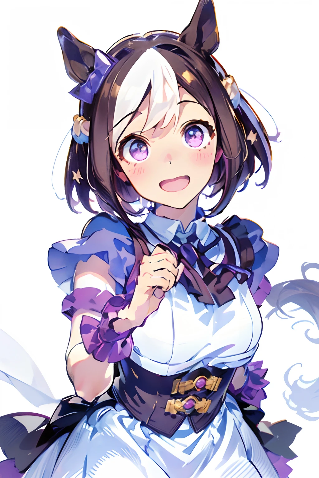 special_week_\(Umamusume)、bow ribbon、bow ribbon、bow ribbon、corsets、Fluffy breasts、nursing、toppless、teats、The upper part of the body、(Refers to the viewer:1.3)、Happiness、(White background:1.5)、(front-facing view:1.3)