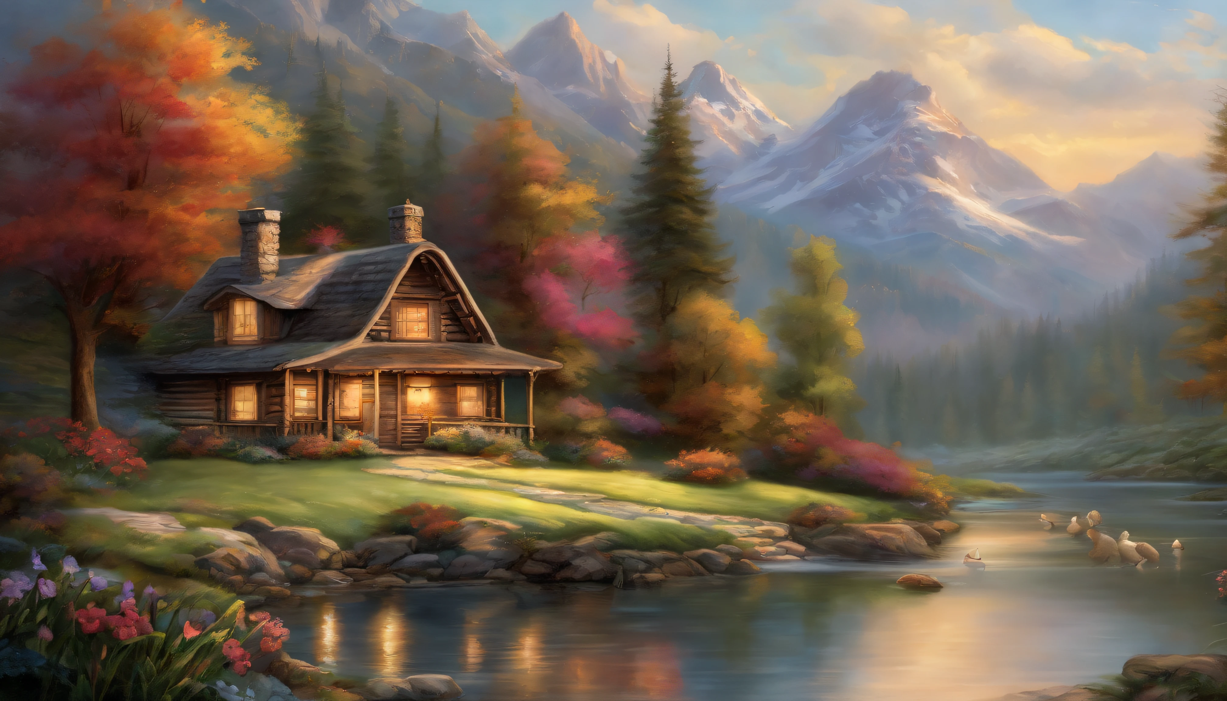 painting of a cabin by a river with a mountain in the background, children playing in front of the cabin, ((flowers aside of fence, ducklings are in the water,)), peaceful scene, peaceful landscape, in a serene landscape, scenery artwork, highly detailed oil-painting, beautiful oil matte painting, tranquil scene, style of Thomas Kinkade, breathtaking masterpiece of art, dream scenery art, thomas kinkade style painting, 8k high Res, hyper detailed, impasto.