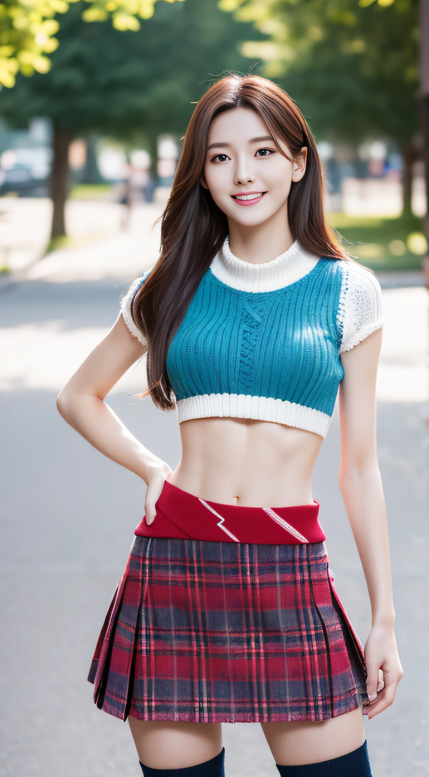 (best qualtiy,8K,tmasterpiece:1.3),(sharp fokus:1.2),(one-girl:1.2),(perfect body figure:1.4),(Slim abs:1.1),ssmile,rays of sunshine,Fine face,beautidful eyes,Straight legs,parks,knitwear,Plaid skirts,over knee socks