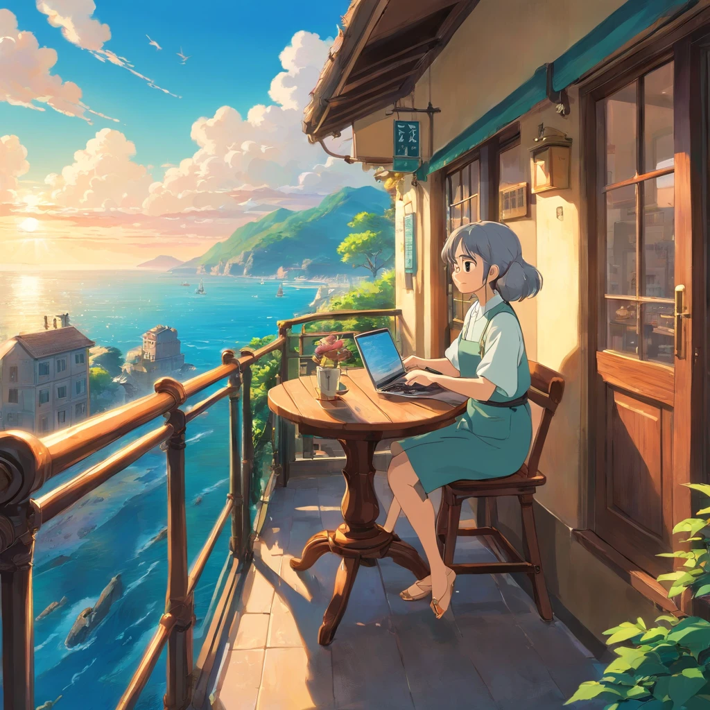 Woman sitting on balcony of café with sea view,Work on a laptop,You can see the horizon of the sea,by Miyazaki, makoto shinkai cyril rolando, Amazing Miyazaki, miyazaki's animated film, studio ghibli artstyle, beautiful anime scene, miyazaki film, Hayao Miyazaki's style, Inspired by Miyazaki, miyazaki film, ghibli art style