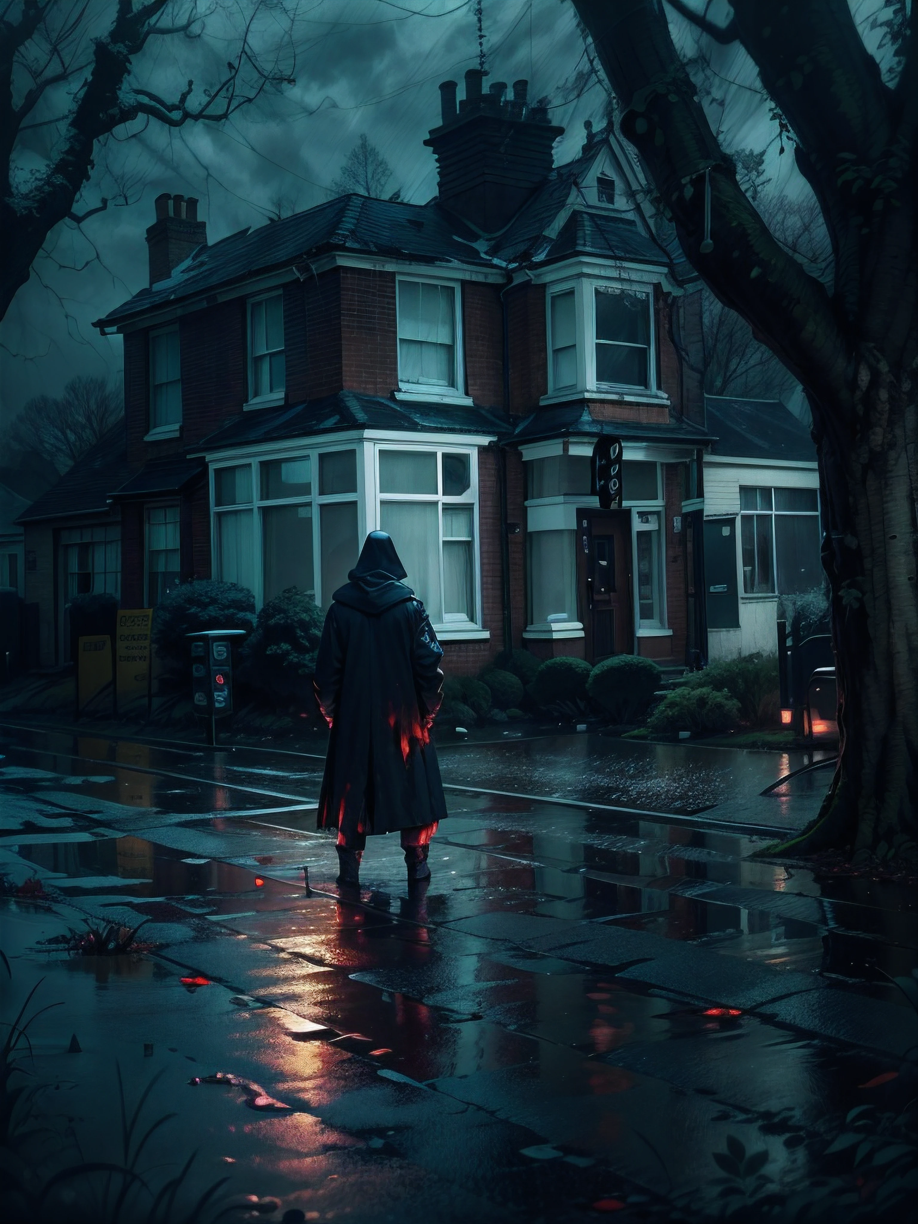 enfield poltergeist from afar, back turned, blood dripping. It is located in the middle of an enfield street at night. Dark shadows, low visibility. Heavy storm and rainfall. photo taken with provia, b-movie aesthetics, b-horror movie aesthetic.