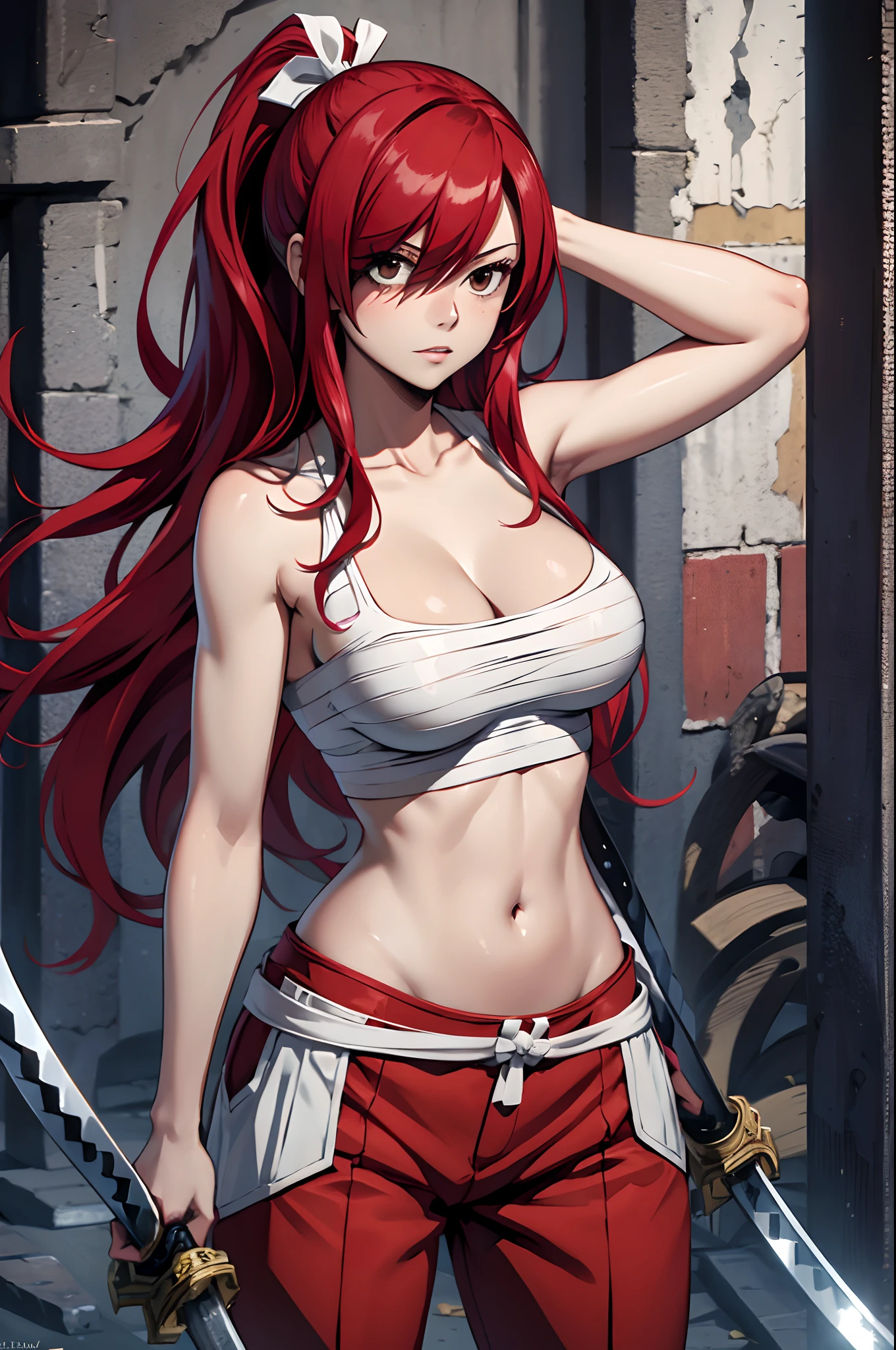 masterpiece, best quality, highres, fairy tail, 1girl, long hair, red hair, ponytail, white ribbon, hair over one eye, brown eyes, large breasts, collarbone, chest sarashi, bandage, bare arms, midriff, red hakama, red pants, standing, holding weapon, sword, katana, outdoors,
