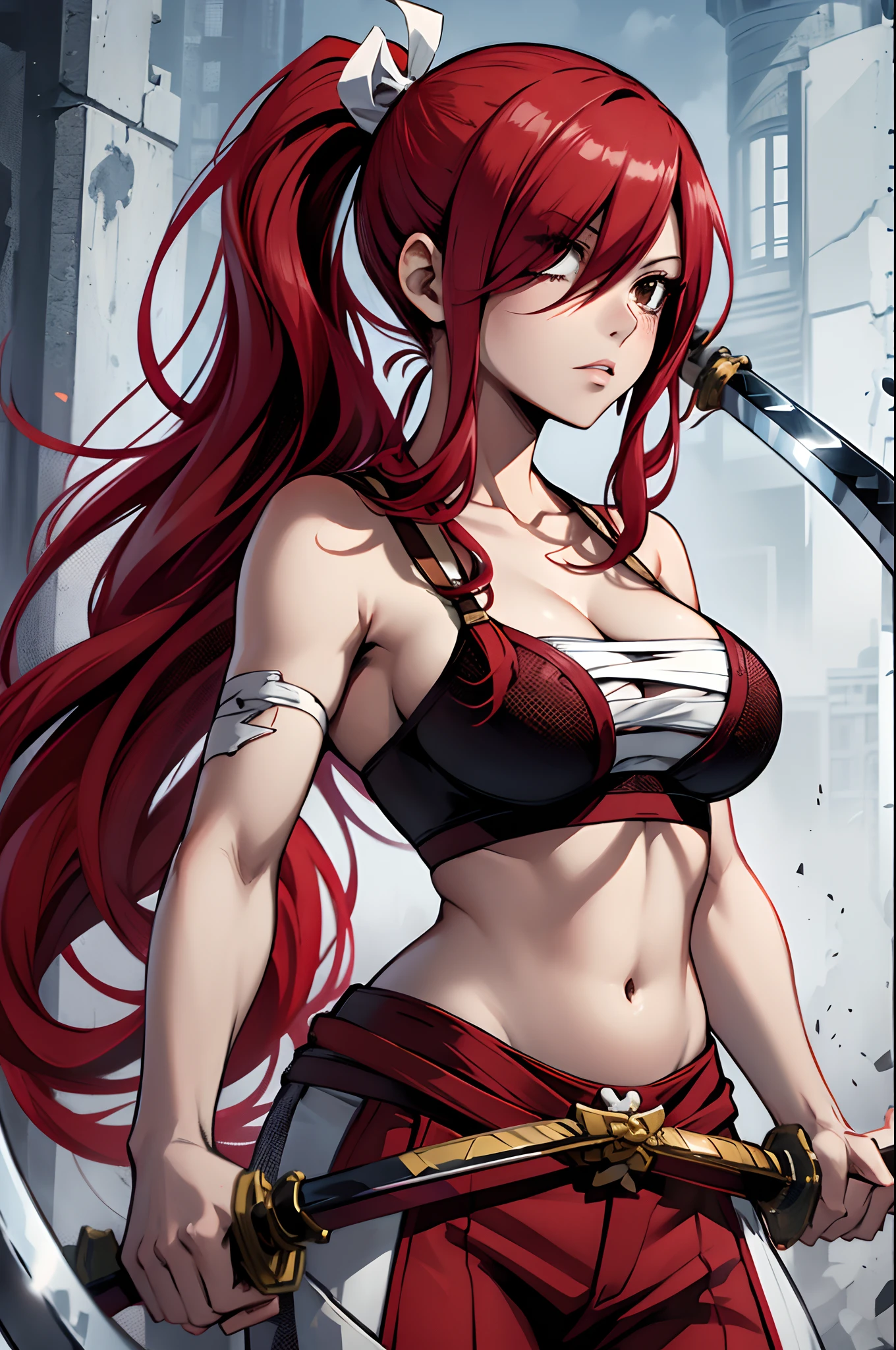 masterpiece, best quality, highres, fairy tail, 1girl, long hair, red hair, ponytail, white ribbon, hair over one eye, brown eyes, large breasts, collarbone, chest sarashi, bandage, bare arms, midriff, red hakama, red pants, standing, holding weapon, sword, katana, outdoors,